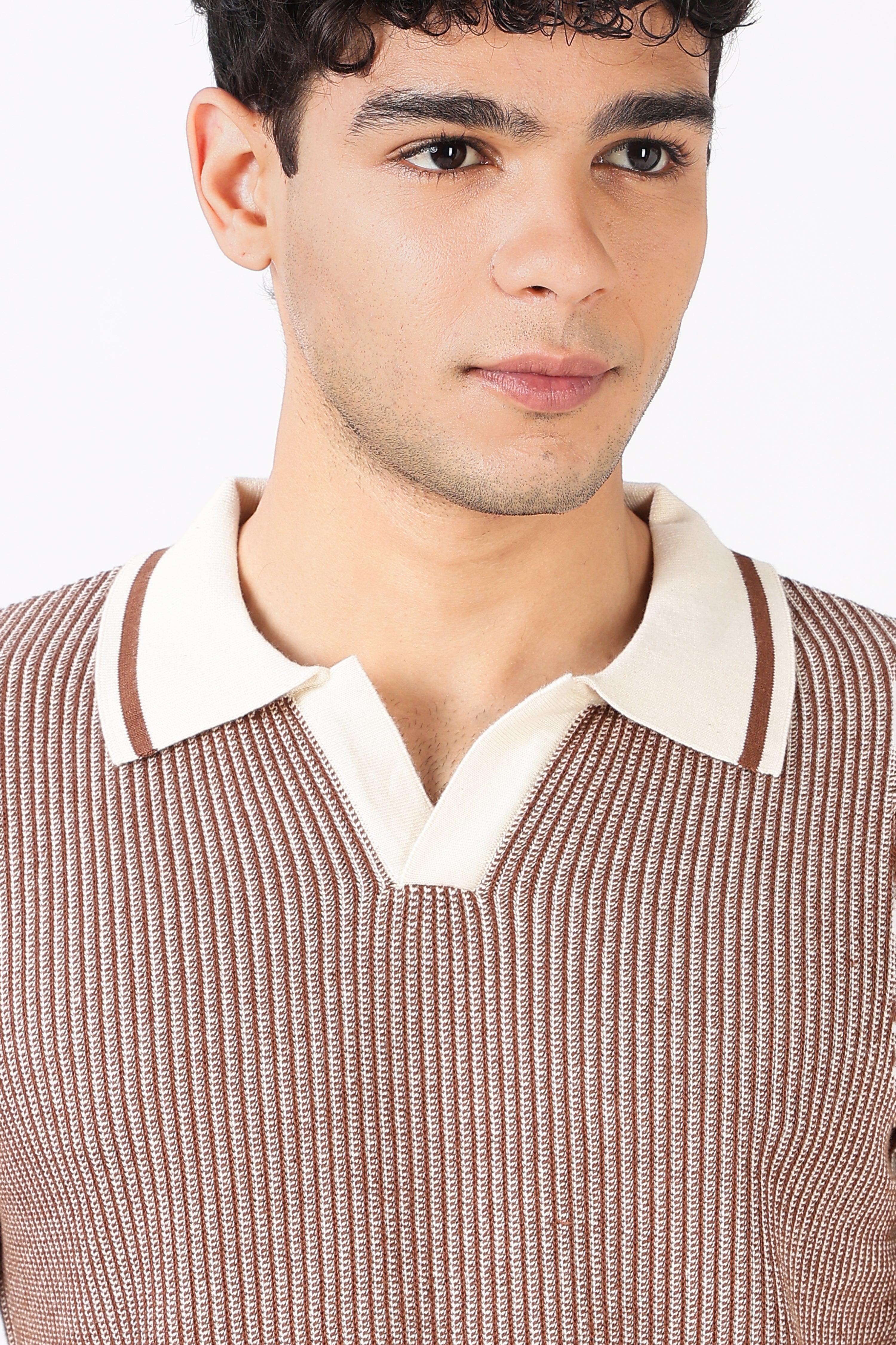 Sienna Stripe Knit Slim Fit Brown Polo T-Shirt