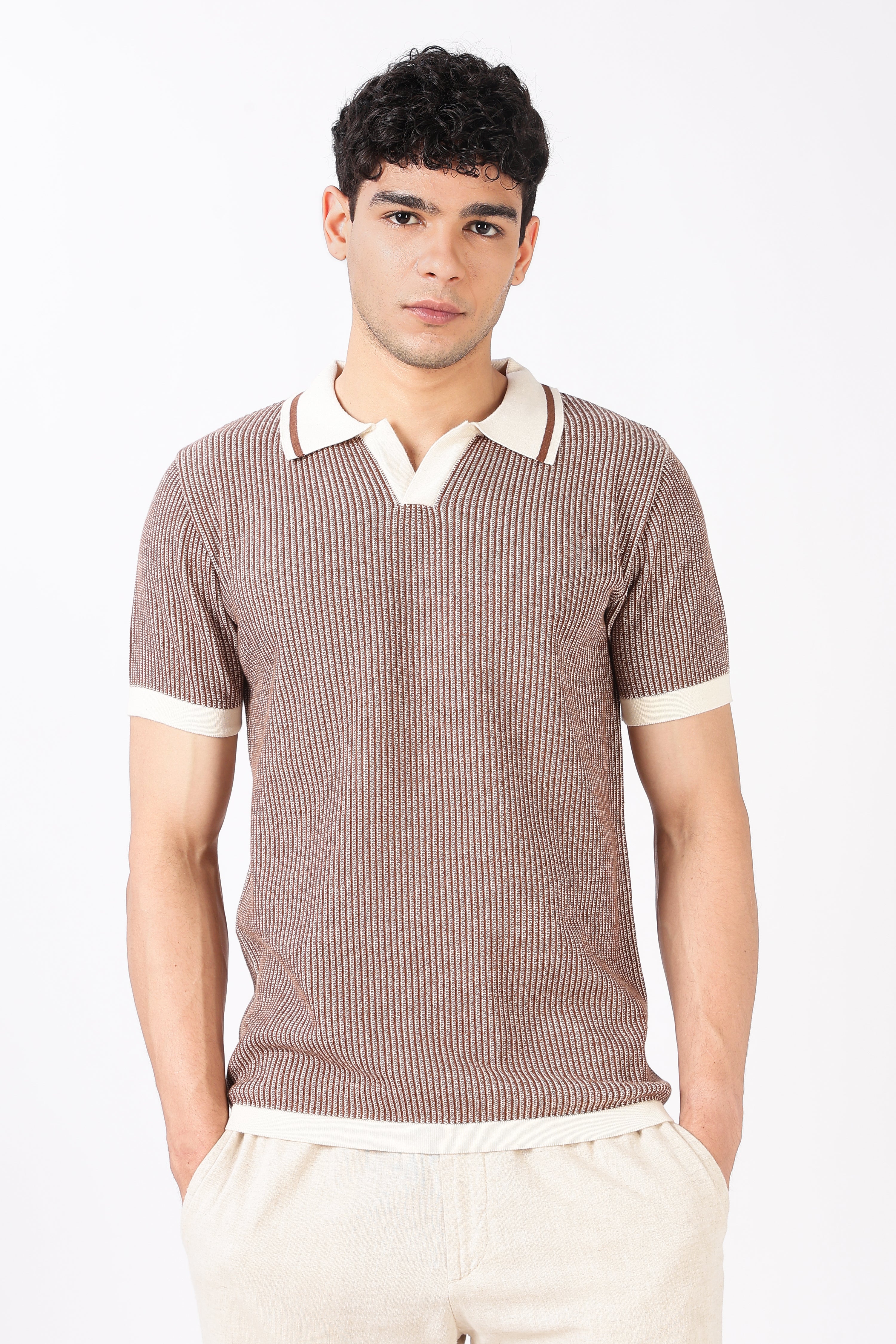 Sienna Stripe Knit Slim Fit Brown Polo T-Shirt