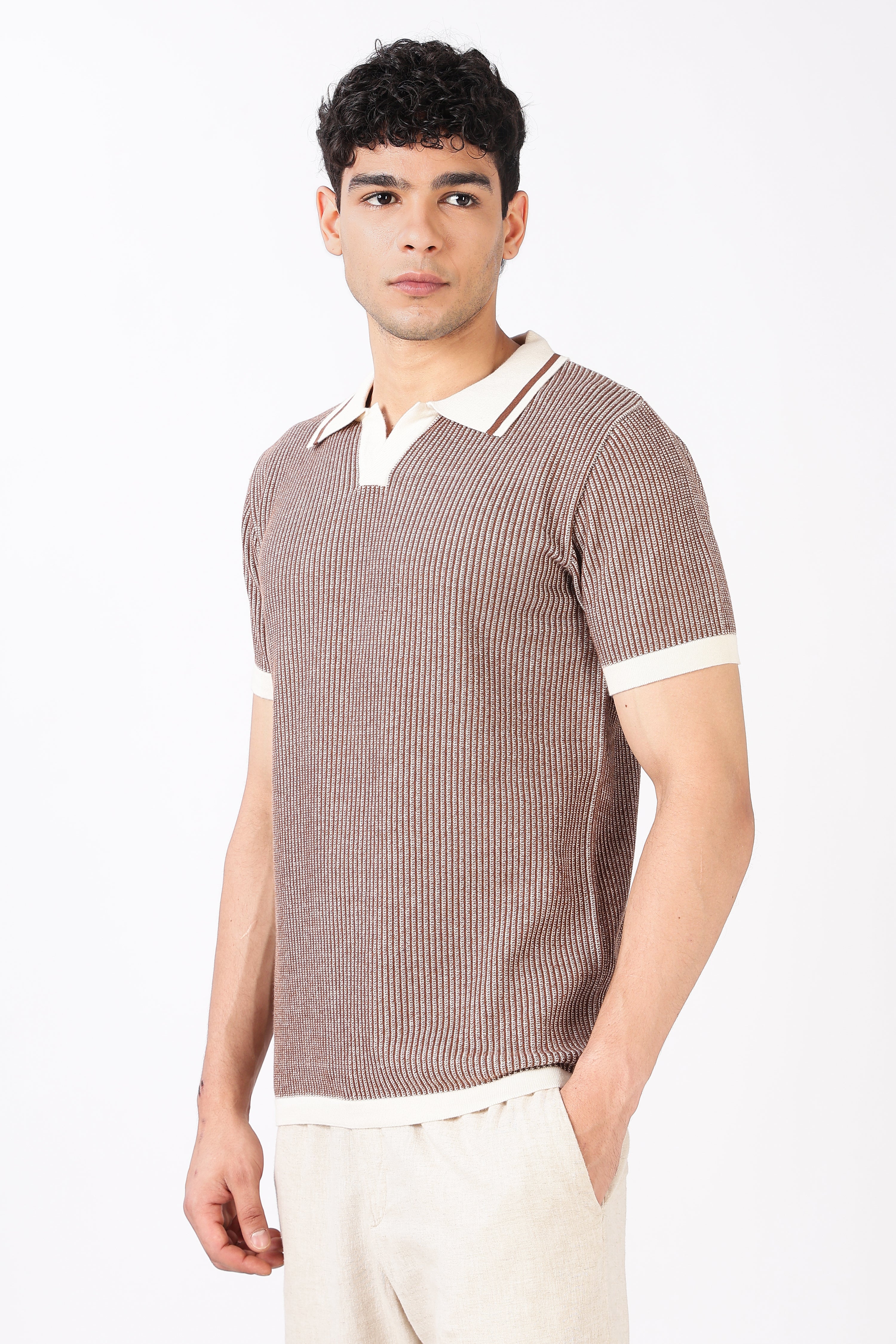 Sienna Stripe Knit Slim Fit Brown Polo T-Shirt