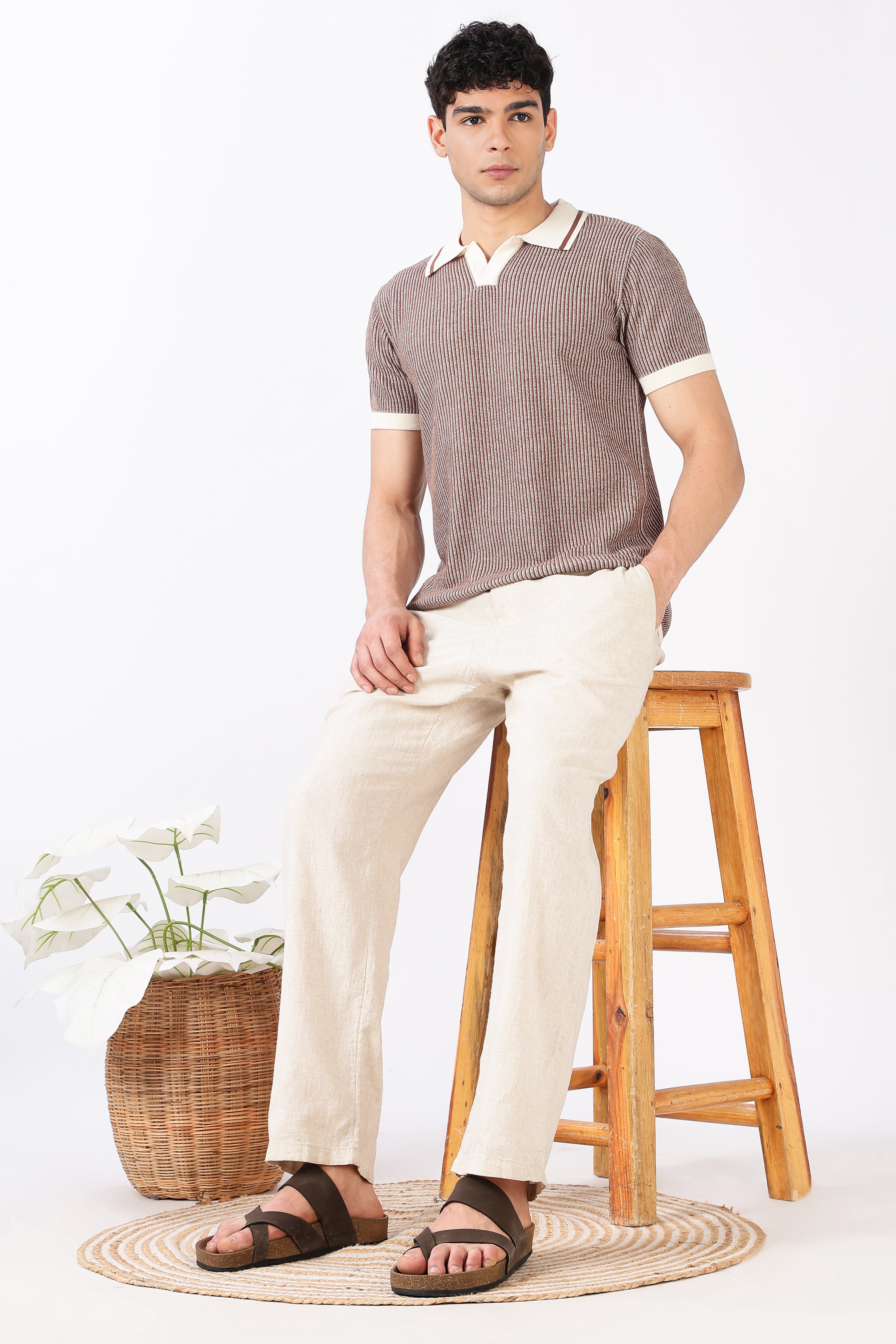 Sienna Stripe Knit Slim Fit Brown Polo T-Shirt