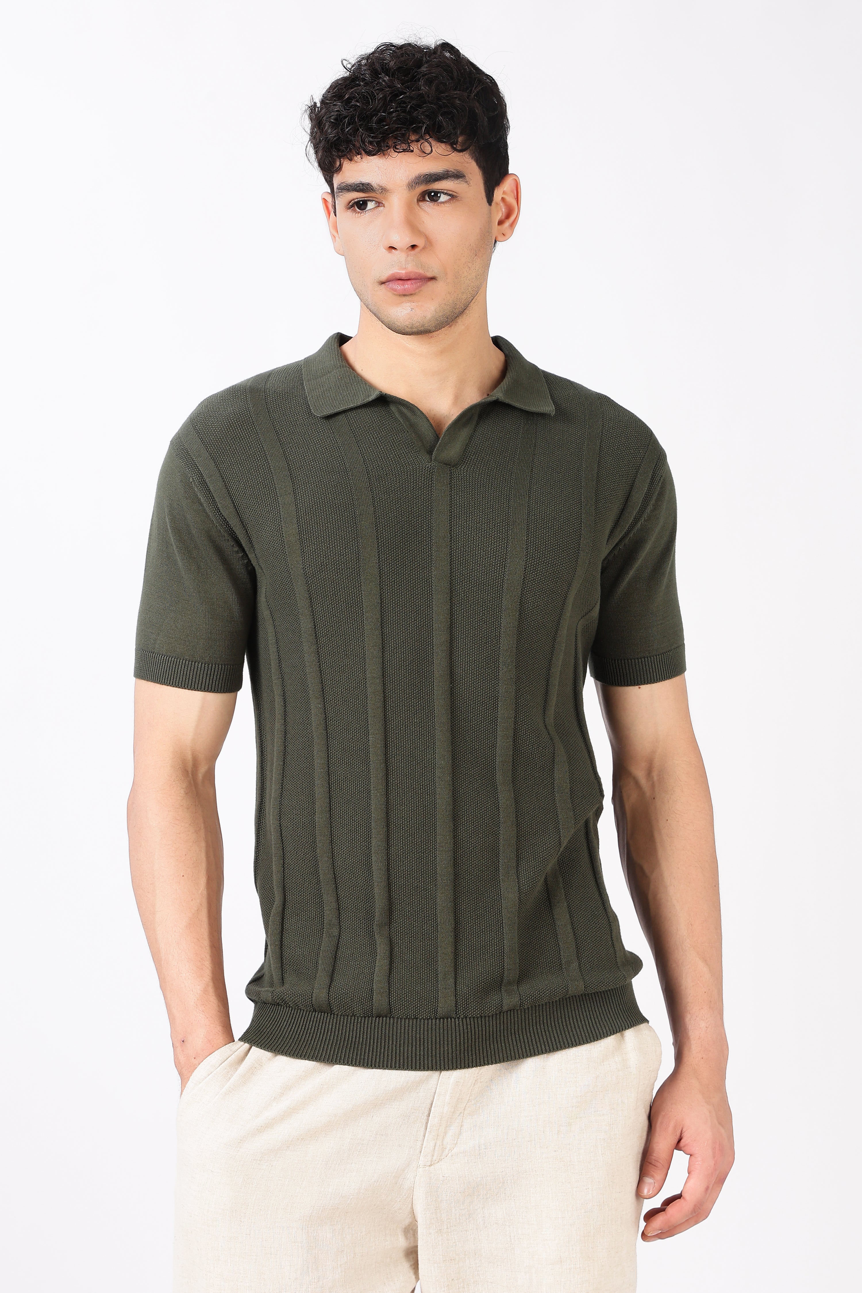 Forest Line Cotton Slim Fit Olive Knitted Polo T-shirt