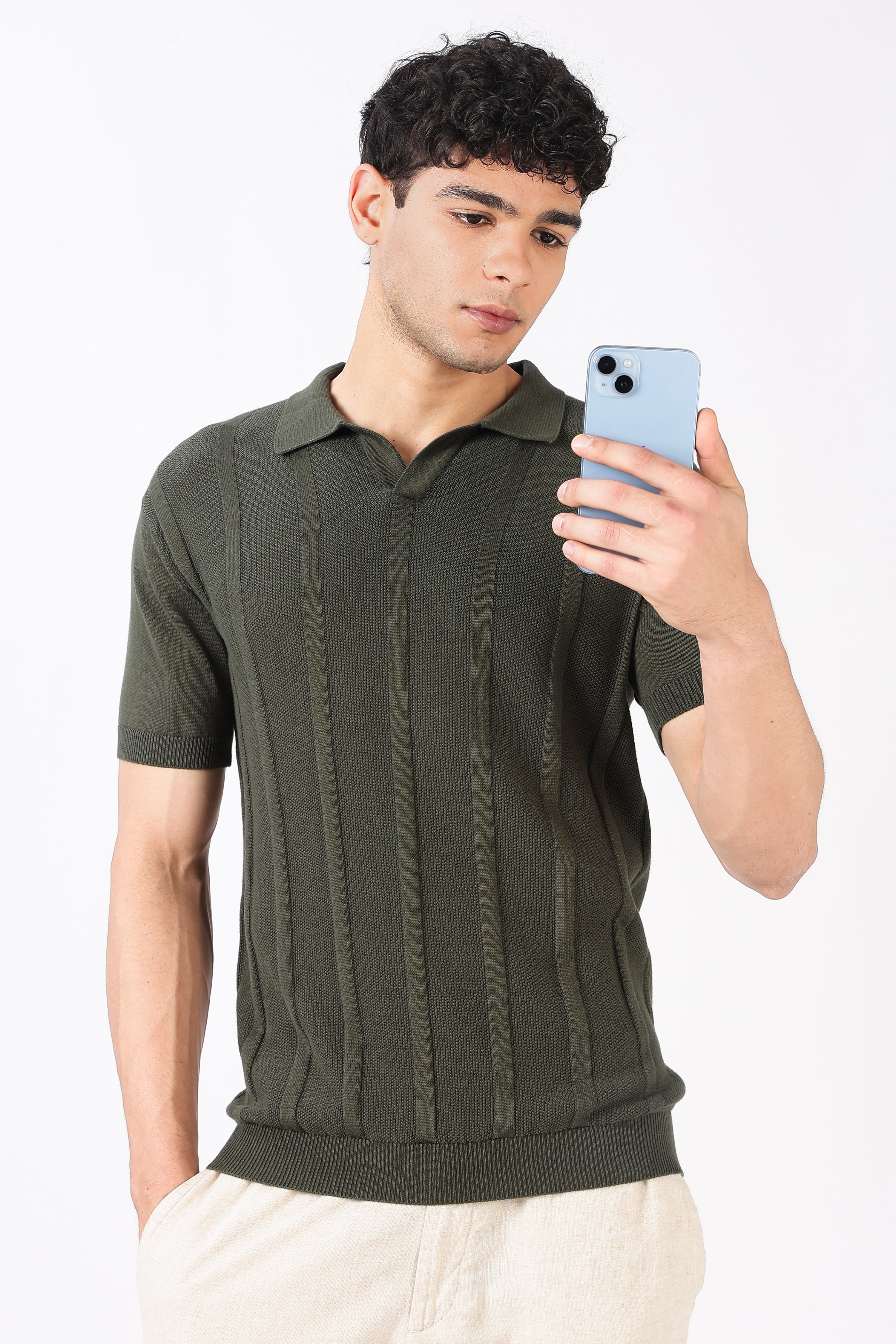 Forest Line Cotton Slim Fit Olive Knitted Polo T-shirt