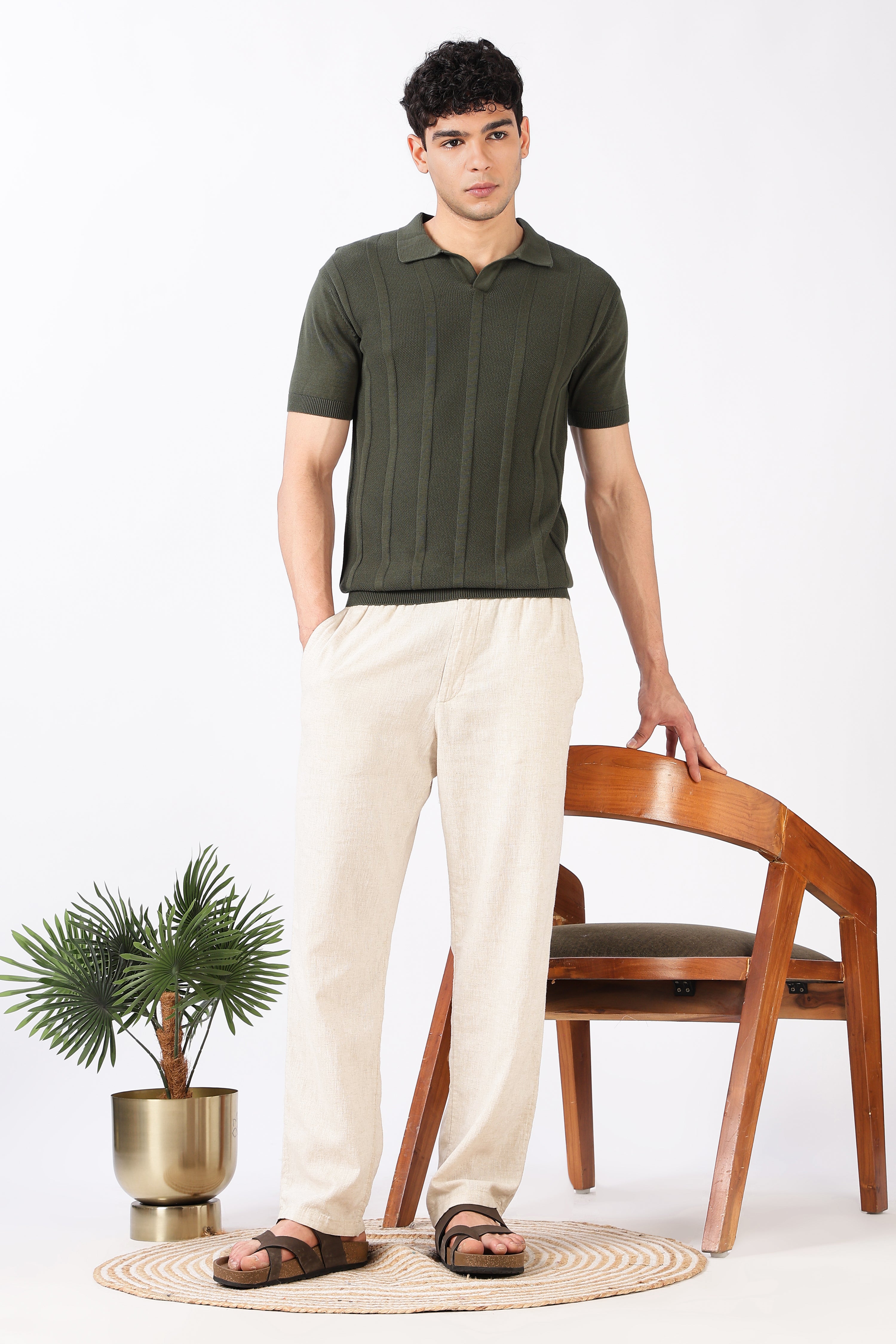 Forest Line Cotton Slim Fit Olive Knitted Polo T-shirt