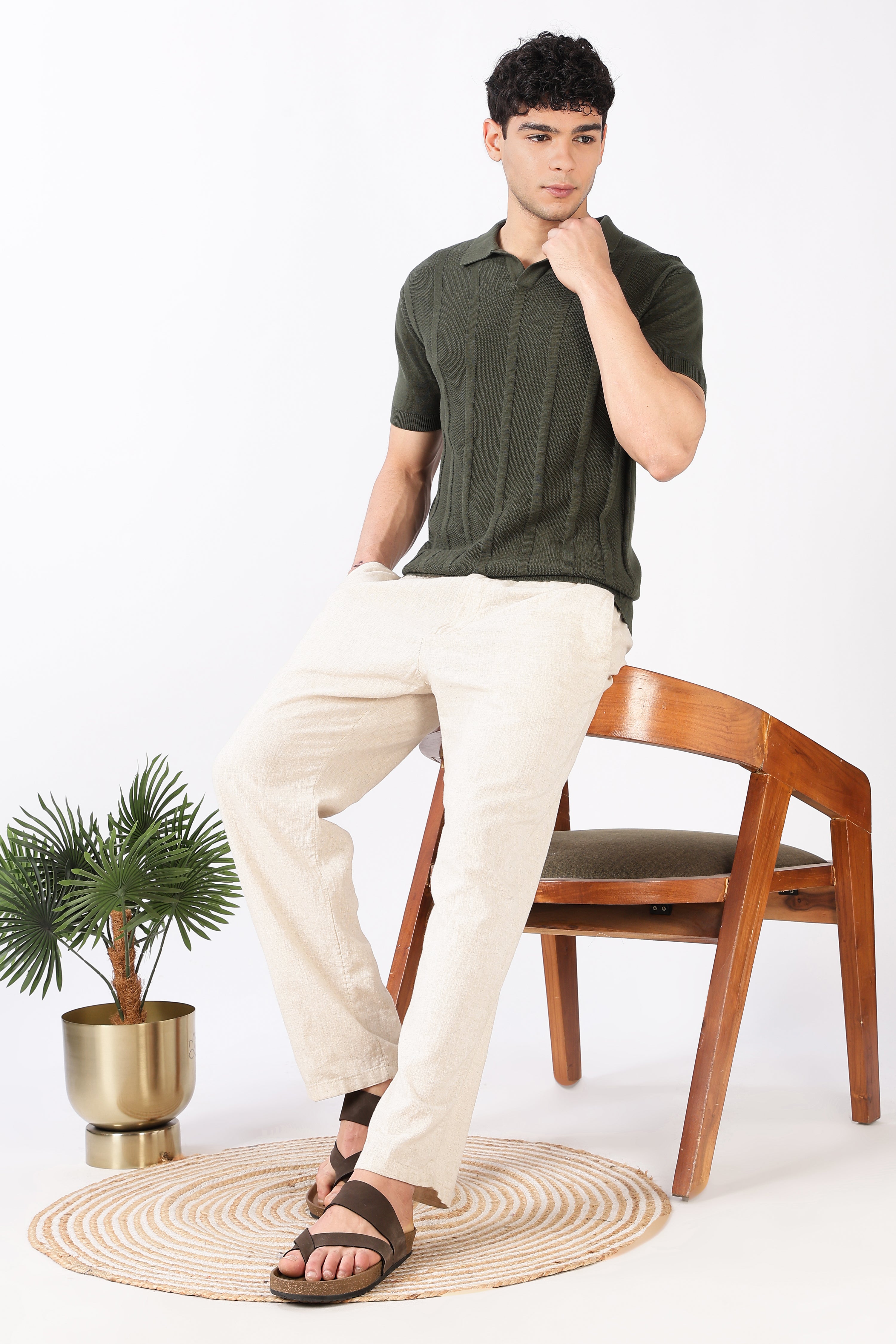 Forest Line Cotton Slim Fit Olive Knitted Polo T-shirt