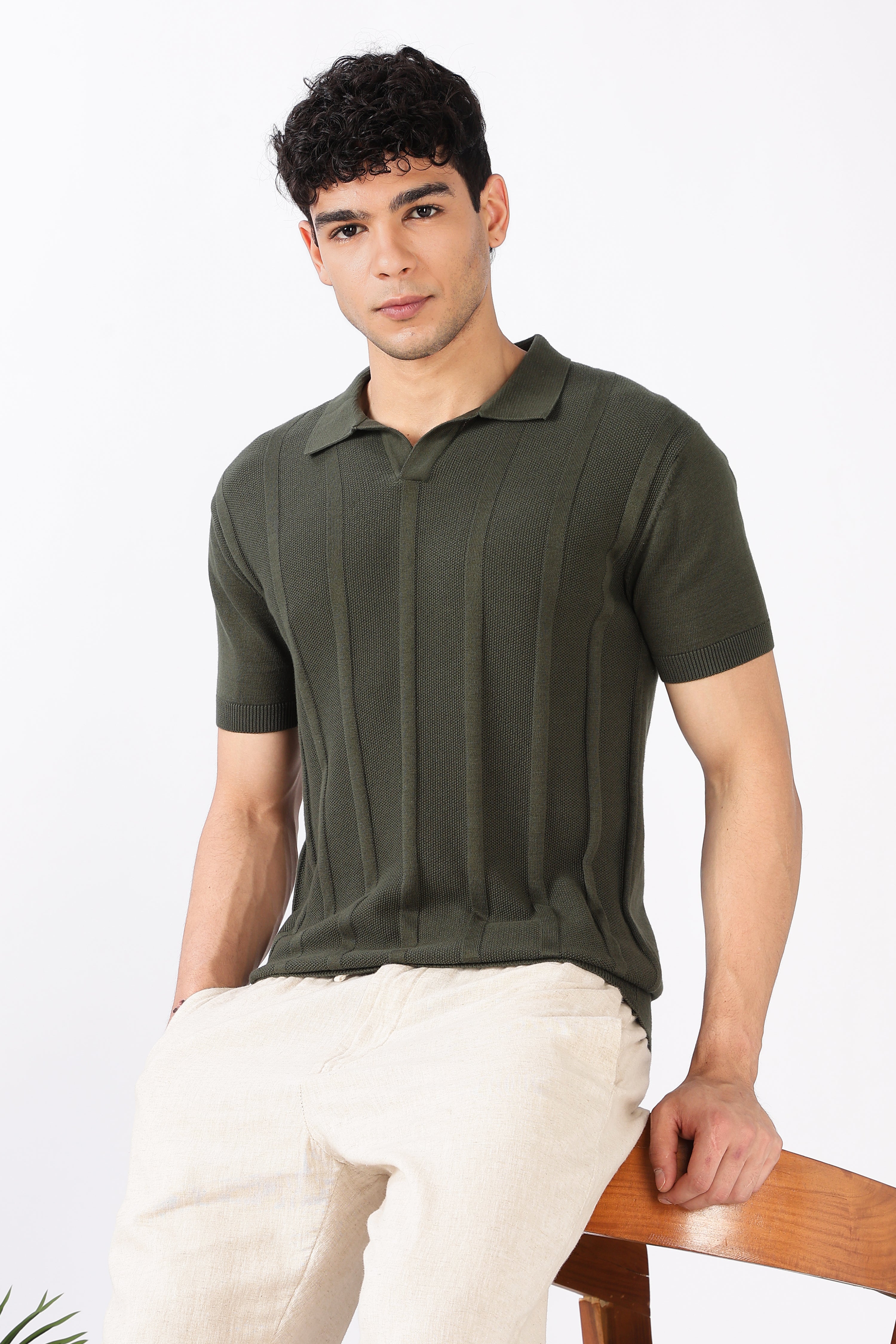 Forest Line Cotton Slim Fit Olive Knitted Polo T-shirt