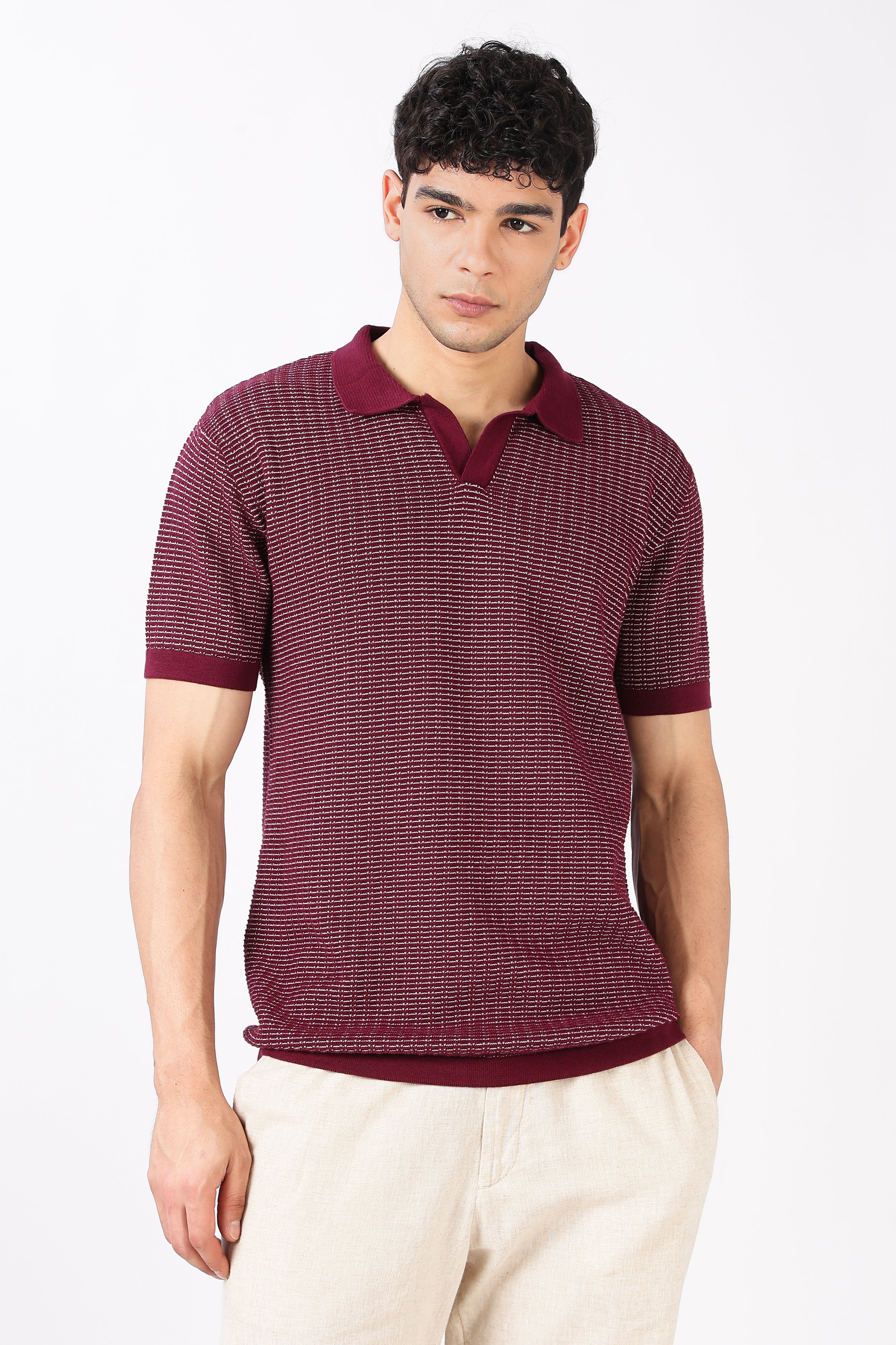 Burgundy Riviera Knit Slim Fit Maroon Polo T-Shirt