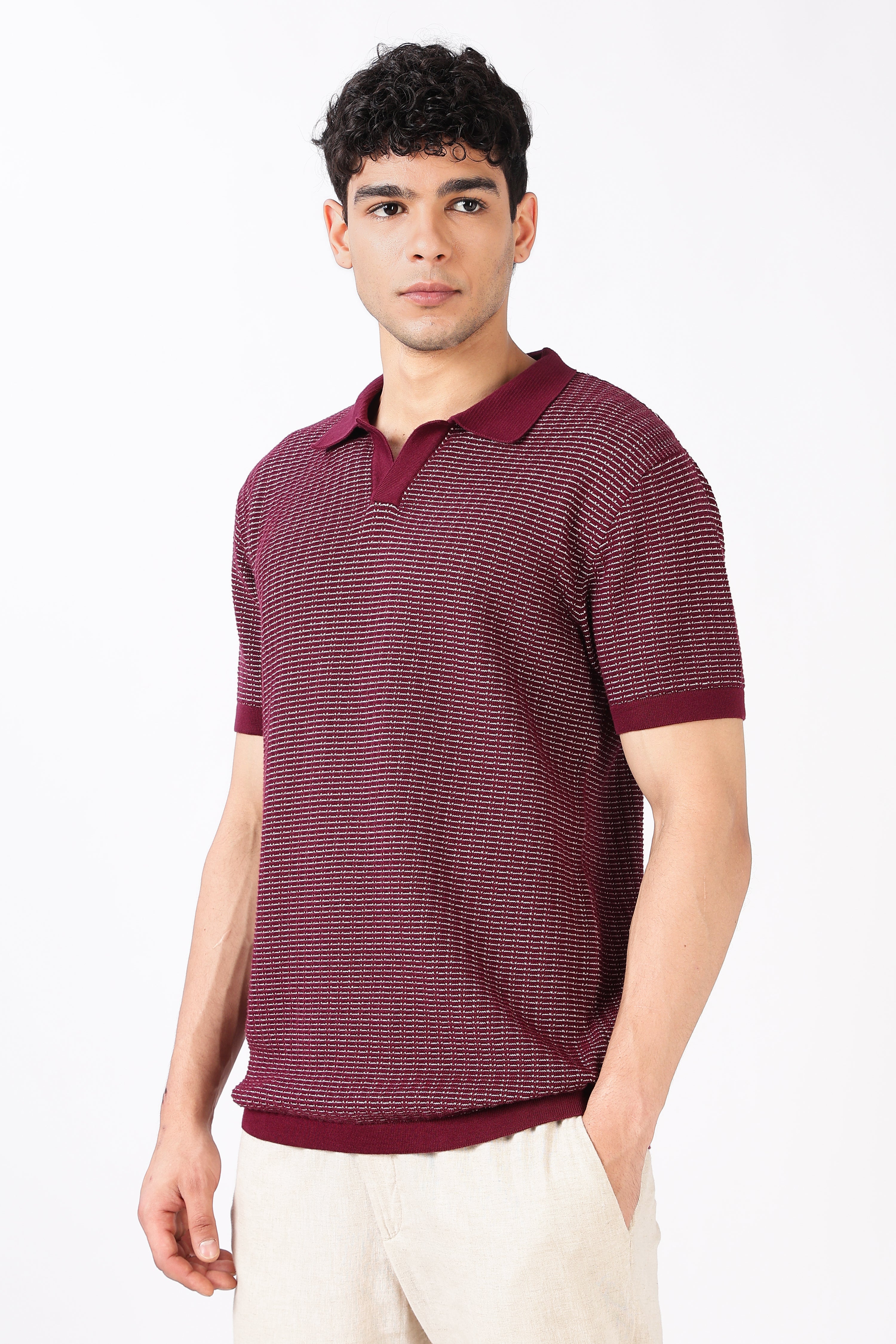 Burgundy Riviera Knit Slim Fit Maroon Polo T-Shirt