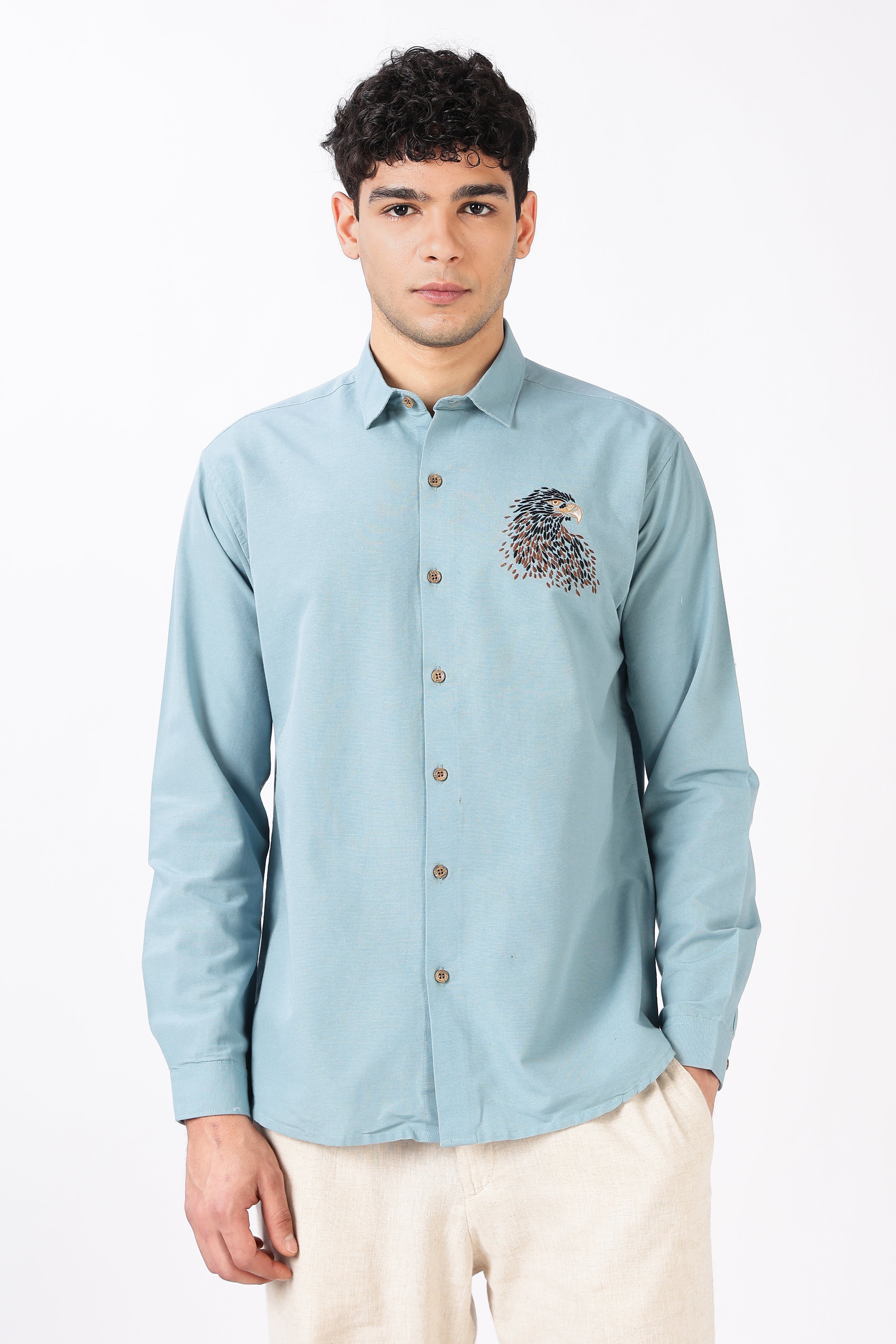 Soaring Eagle Cotton Regular Fit Sky Blue Embroidered Shirt