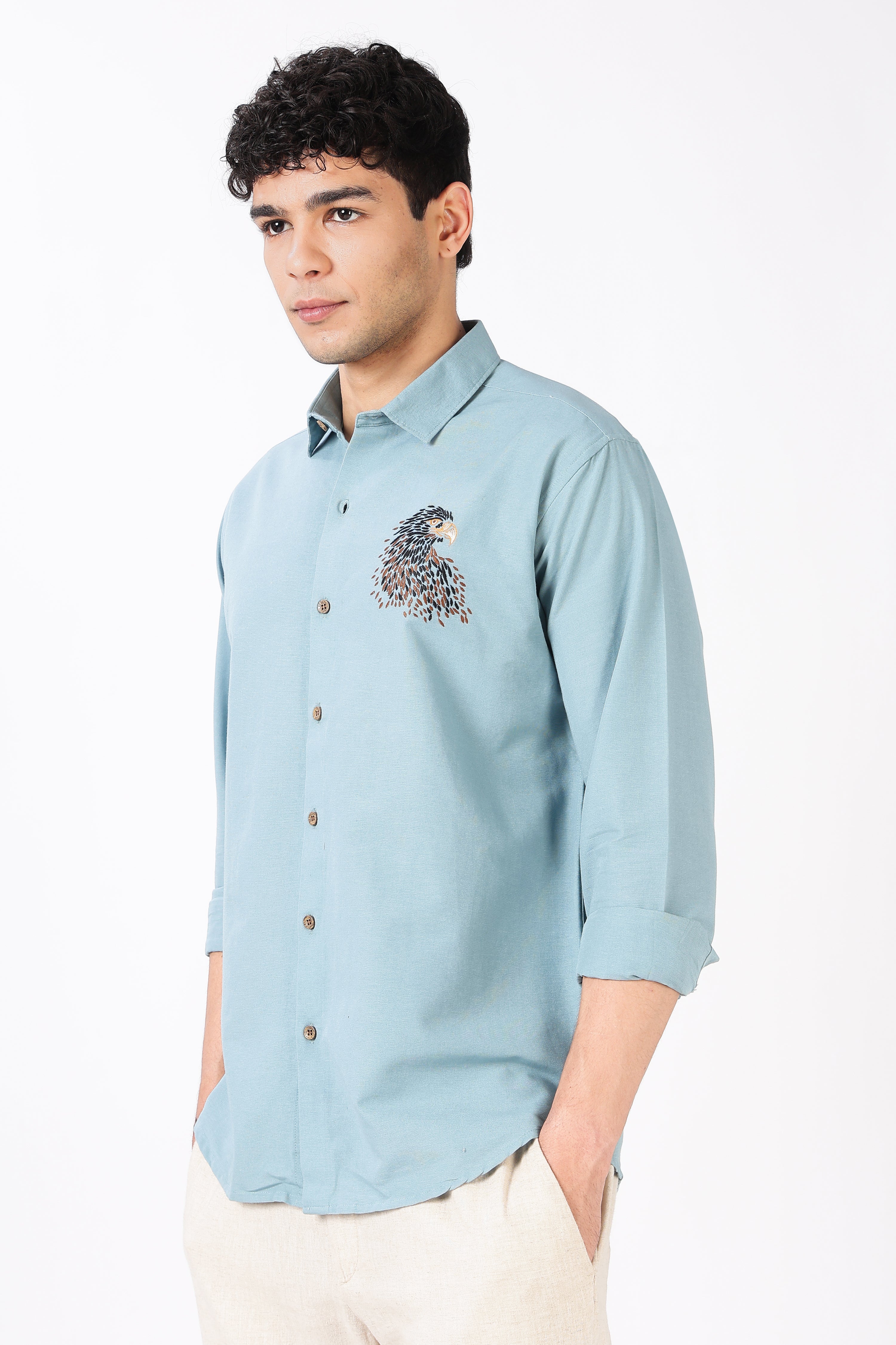 Soaring Eagle Cotton Regular Fit Sky Blue Embroidered Shirt