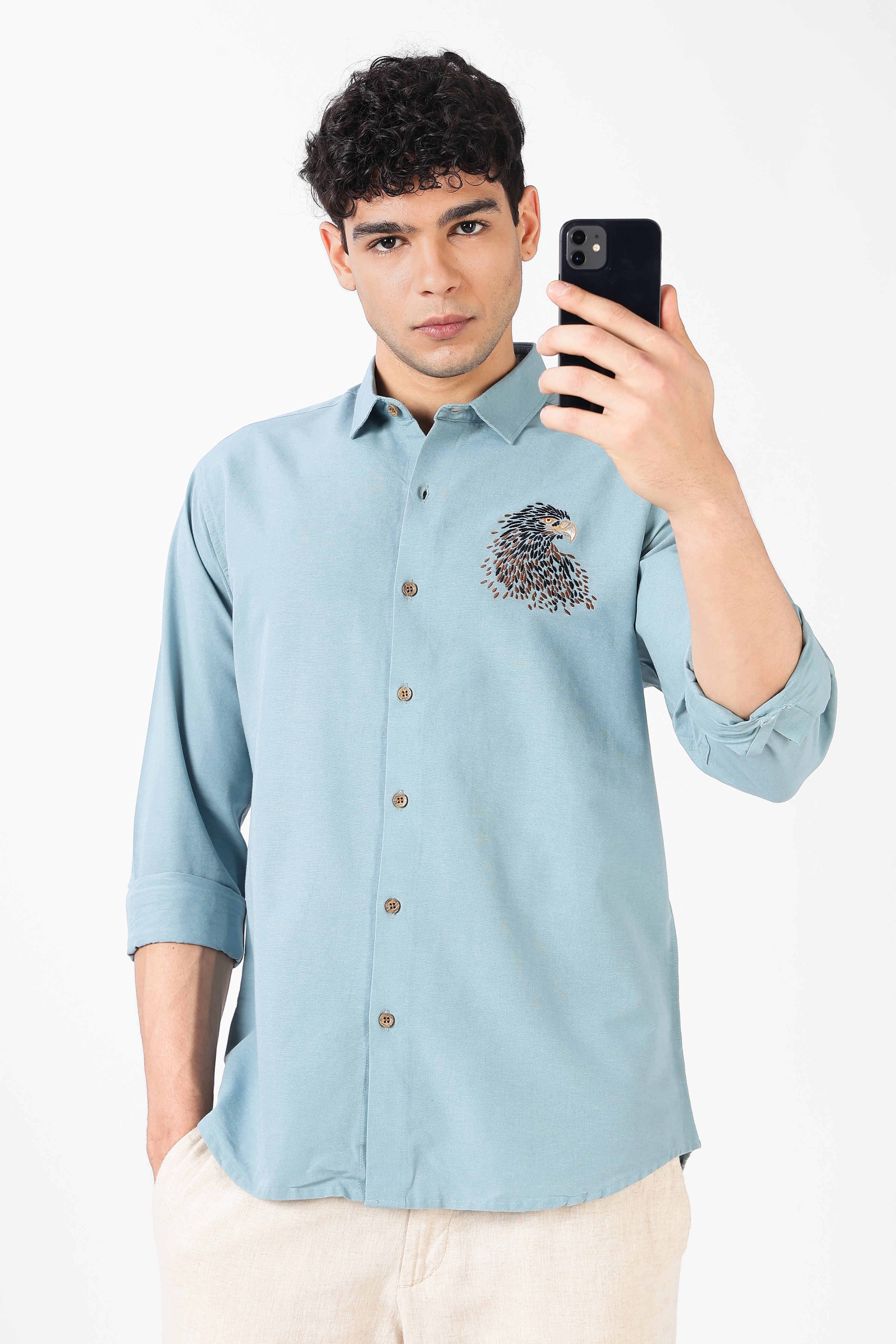 Soaring Eagle Cotton Regular Fit Sky Blue Embroidered Shirt