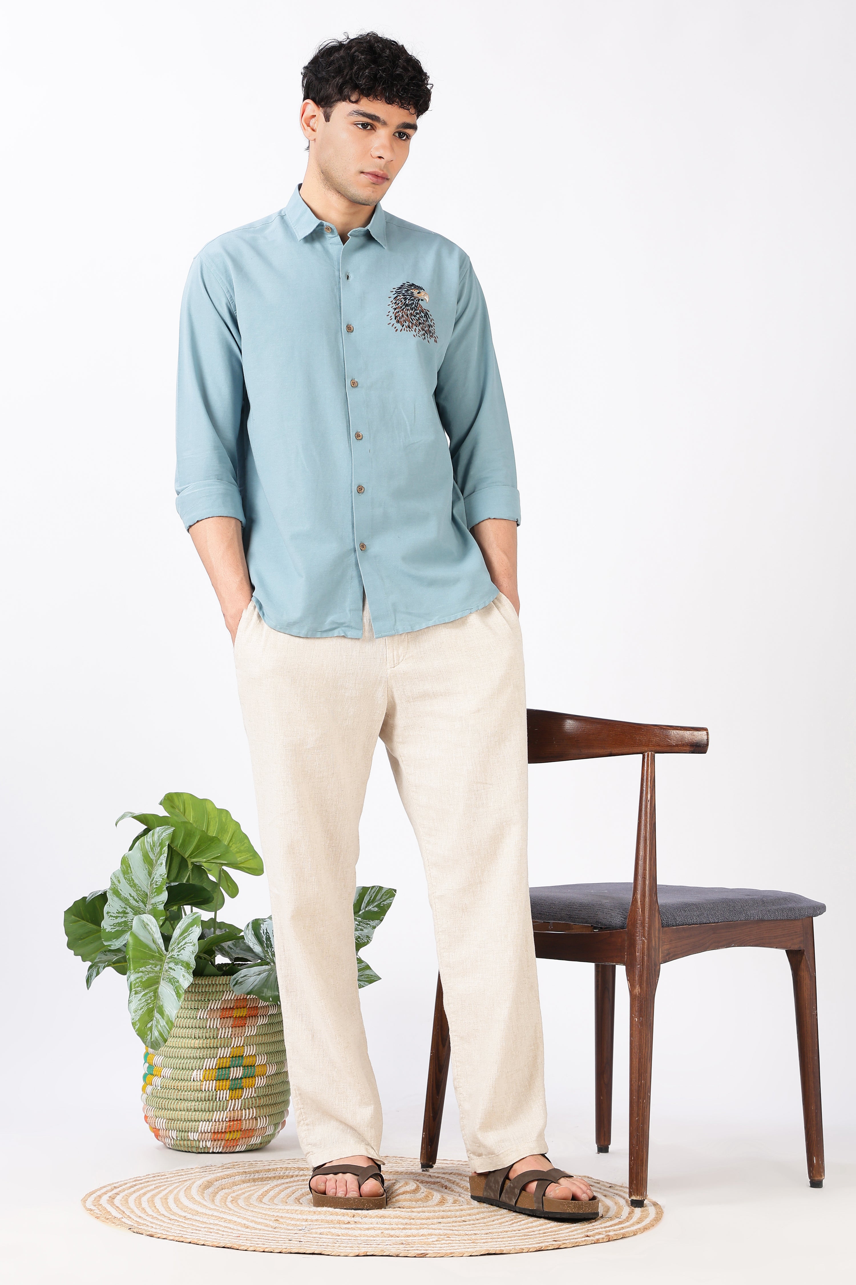 Soaring Eagle Cotton Regular Fit Sky Blue Embroidered Shirt