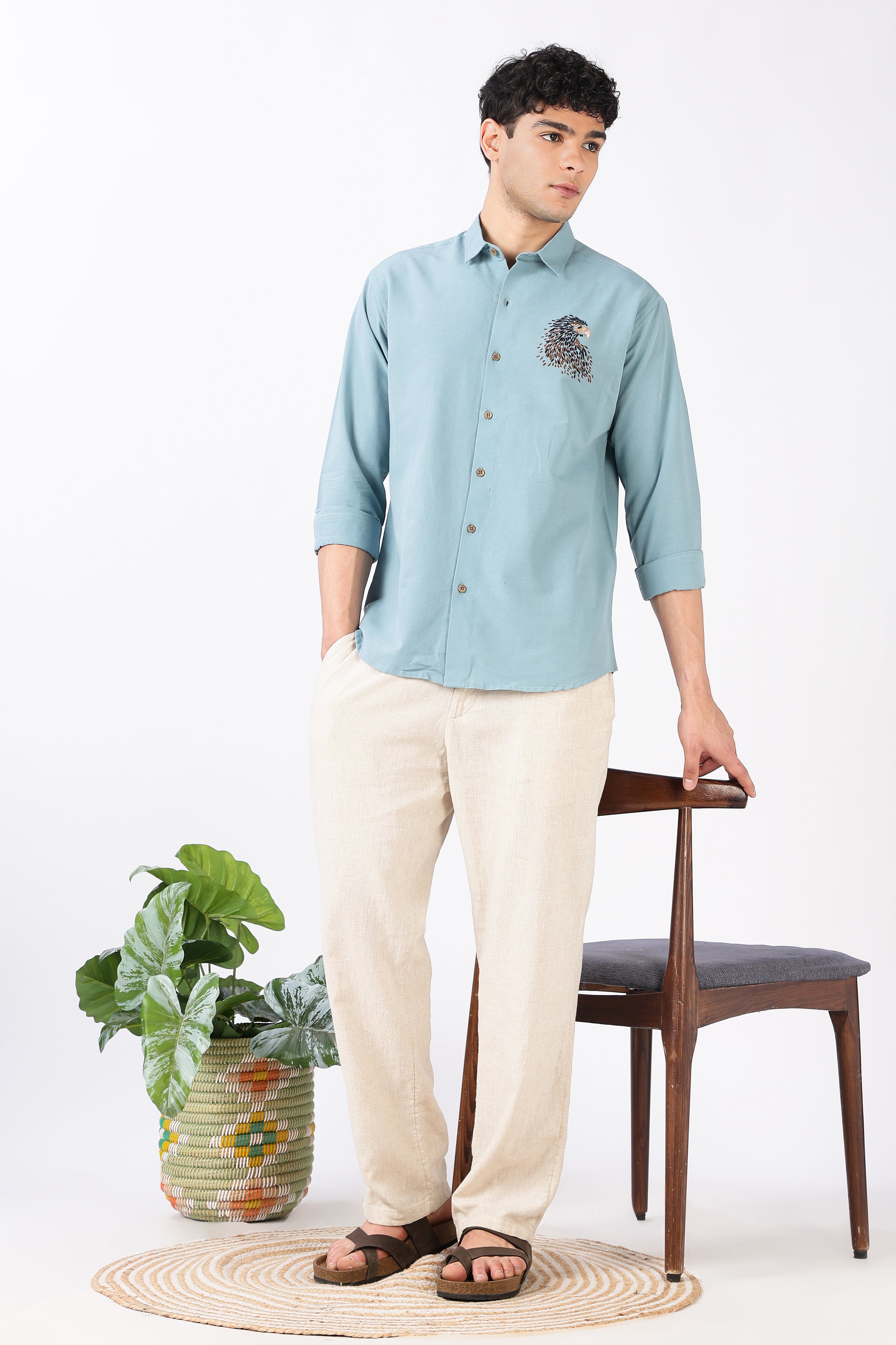 Soaring Eagle Cotton Regular Fit Sky Blue Embroidered Shirt