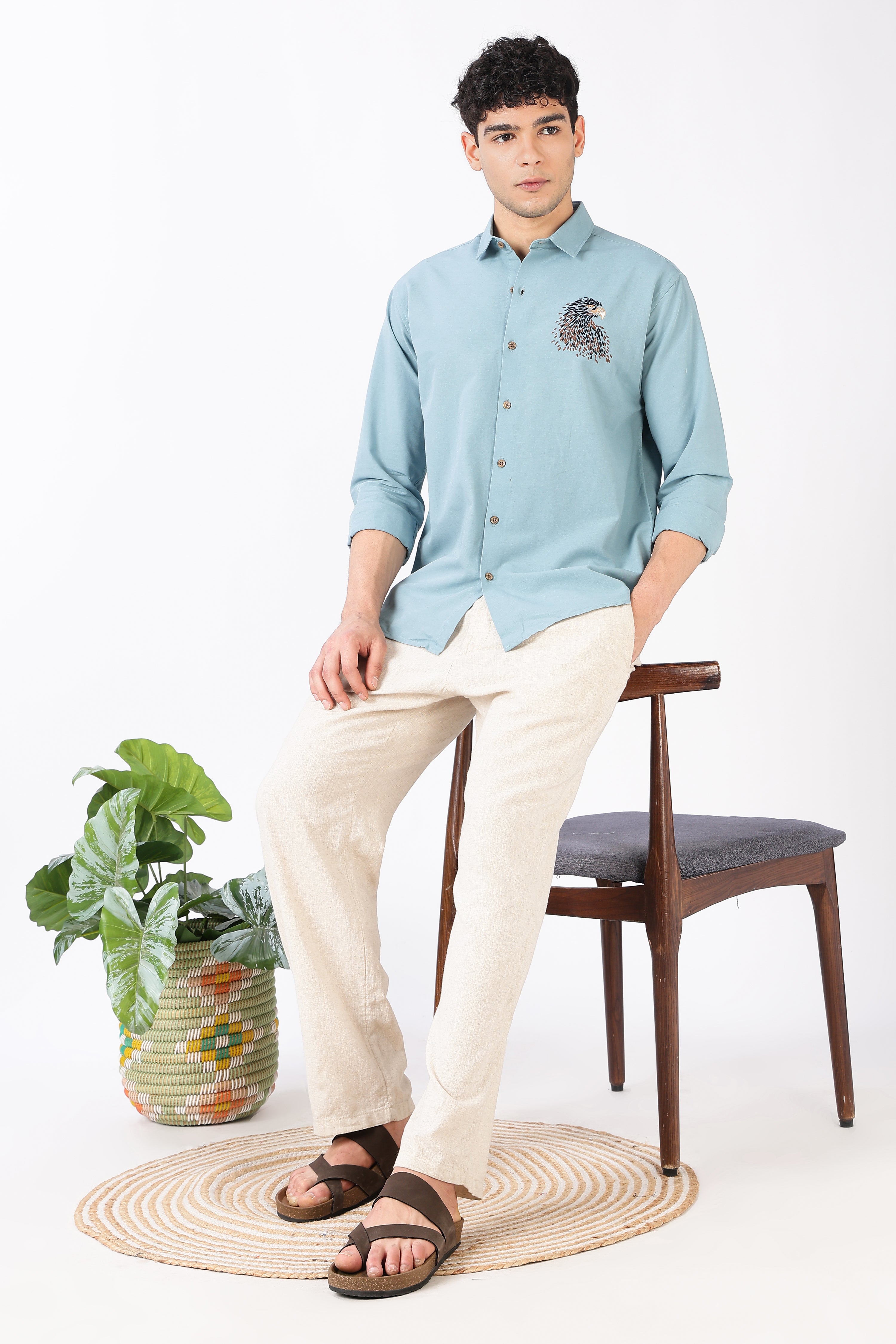 Soaring Eagle Cotton Regular Fit Sky Blue Embroidered Shirt