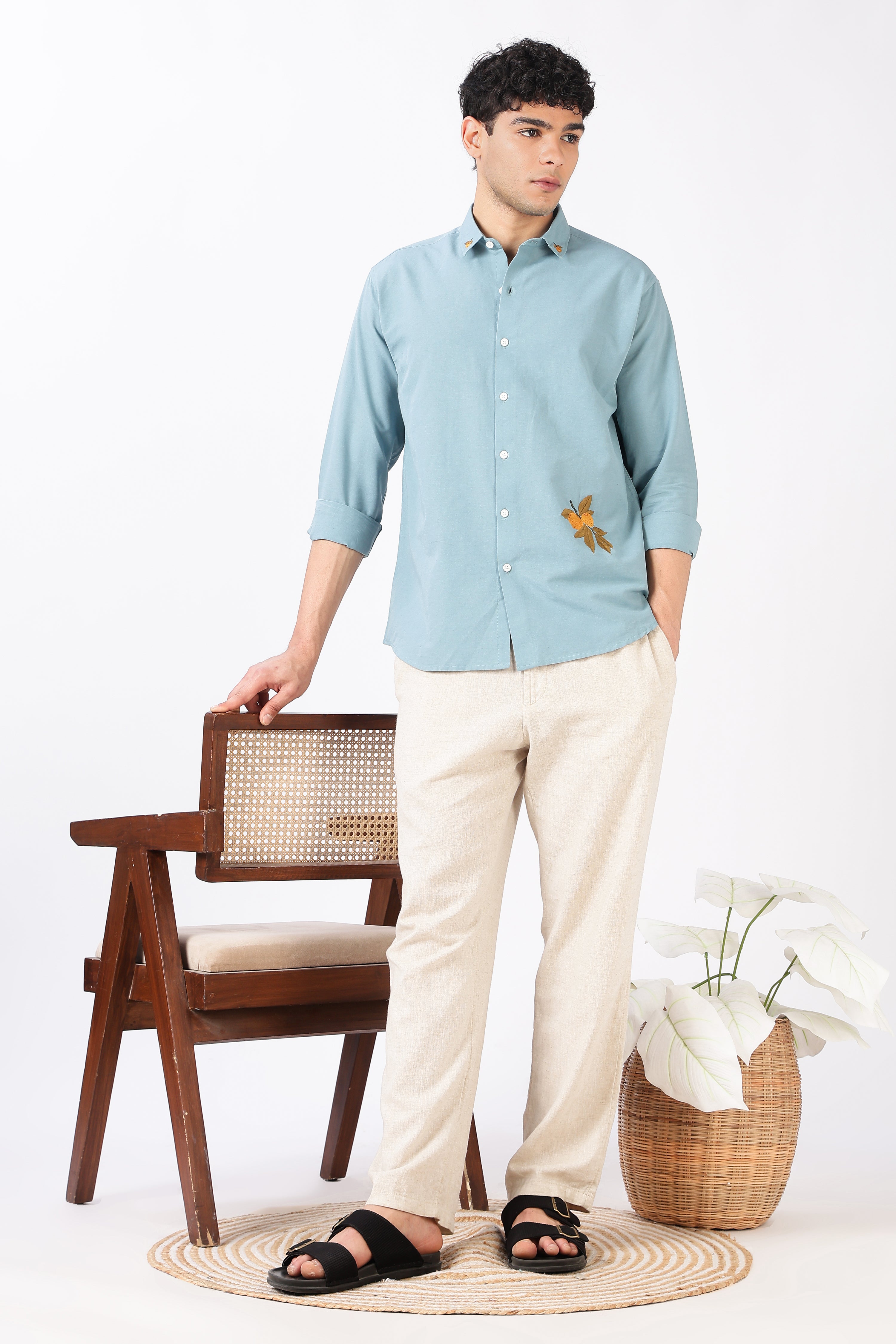 Citrus Grove Cotton Regular Fit Sky Blue Embroidered Shirt