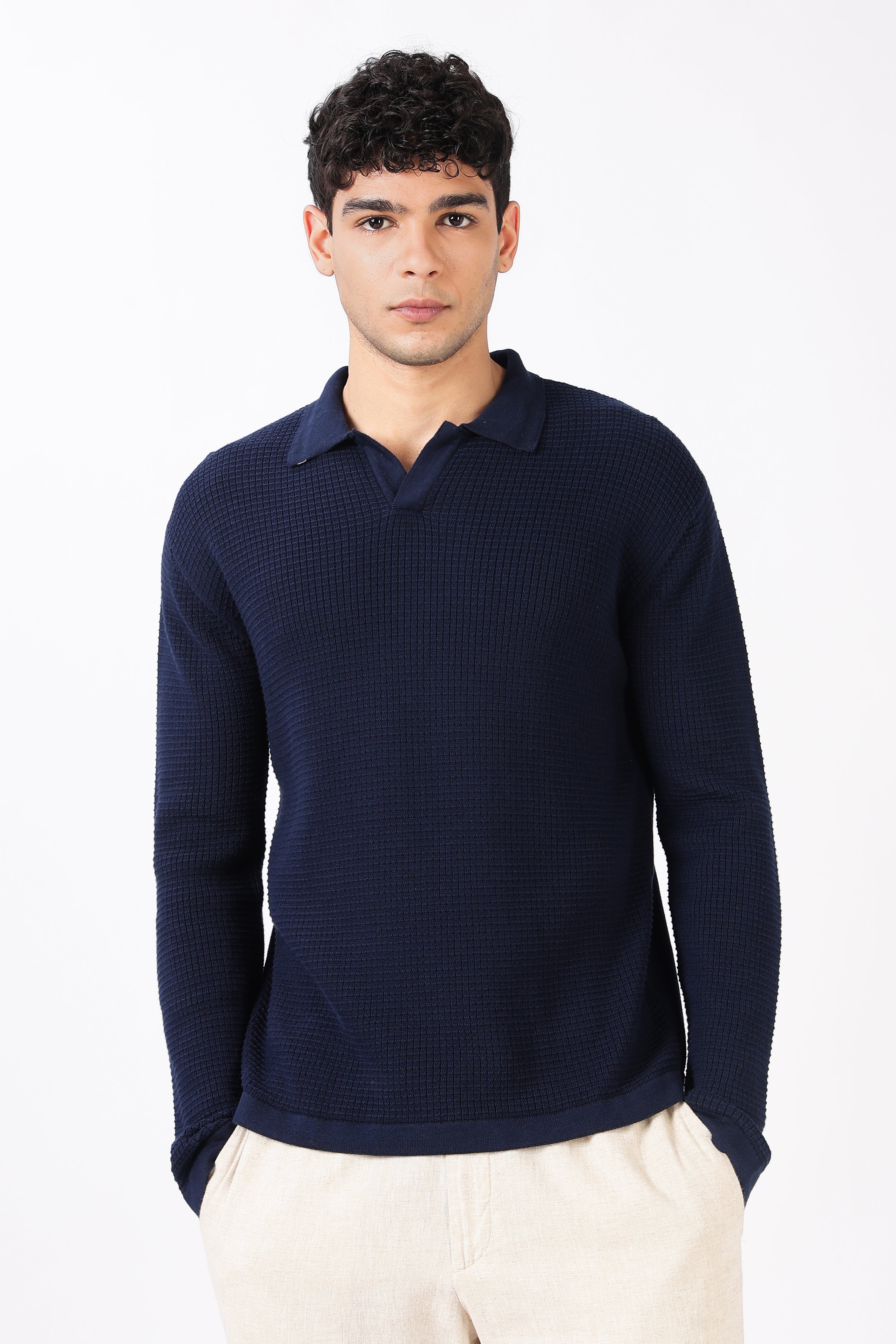 Midnight Grid Knit Navy Polo T-shirt