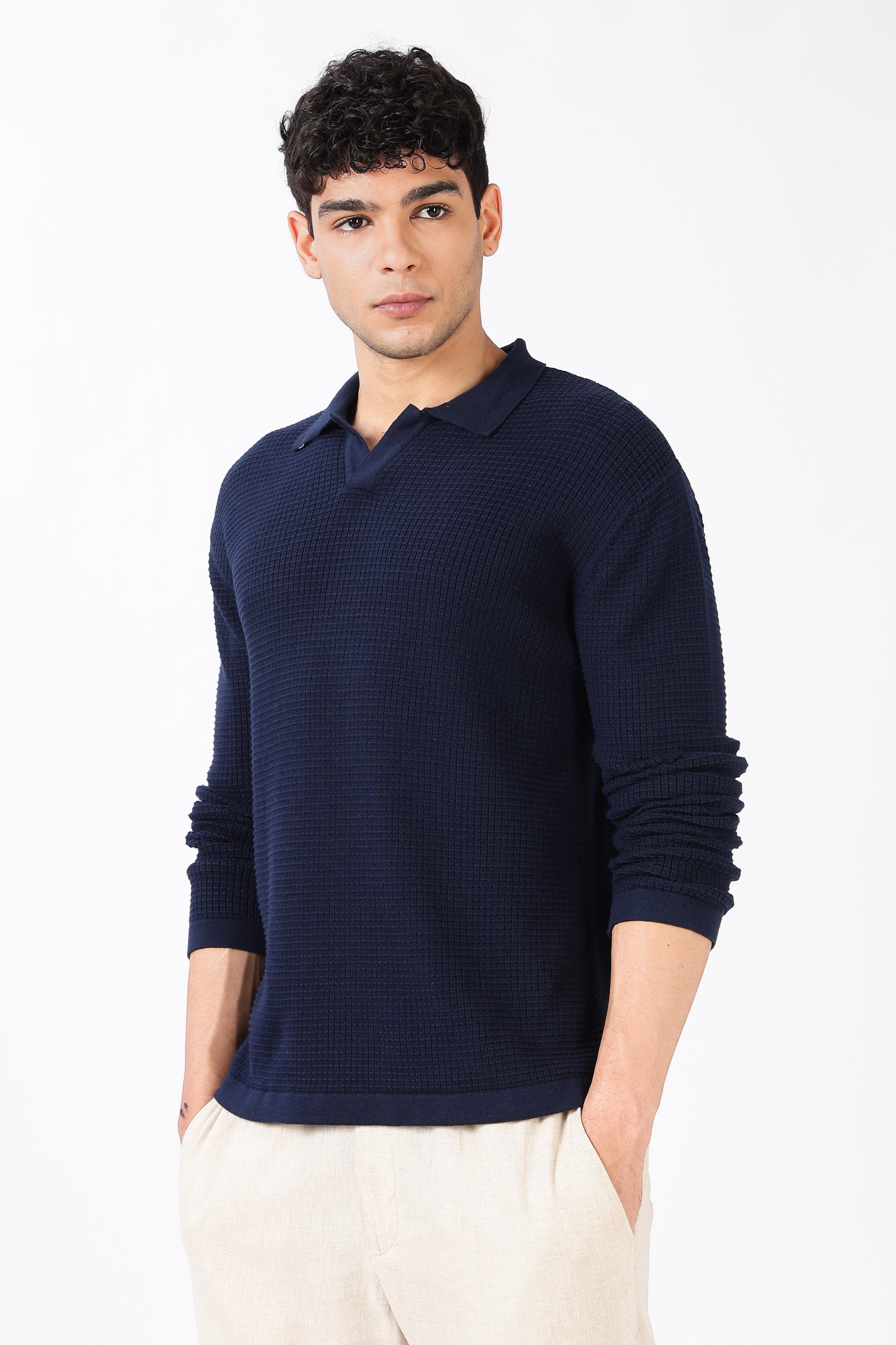 Midnight Grid Knit Navy Polo T-shirt