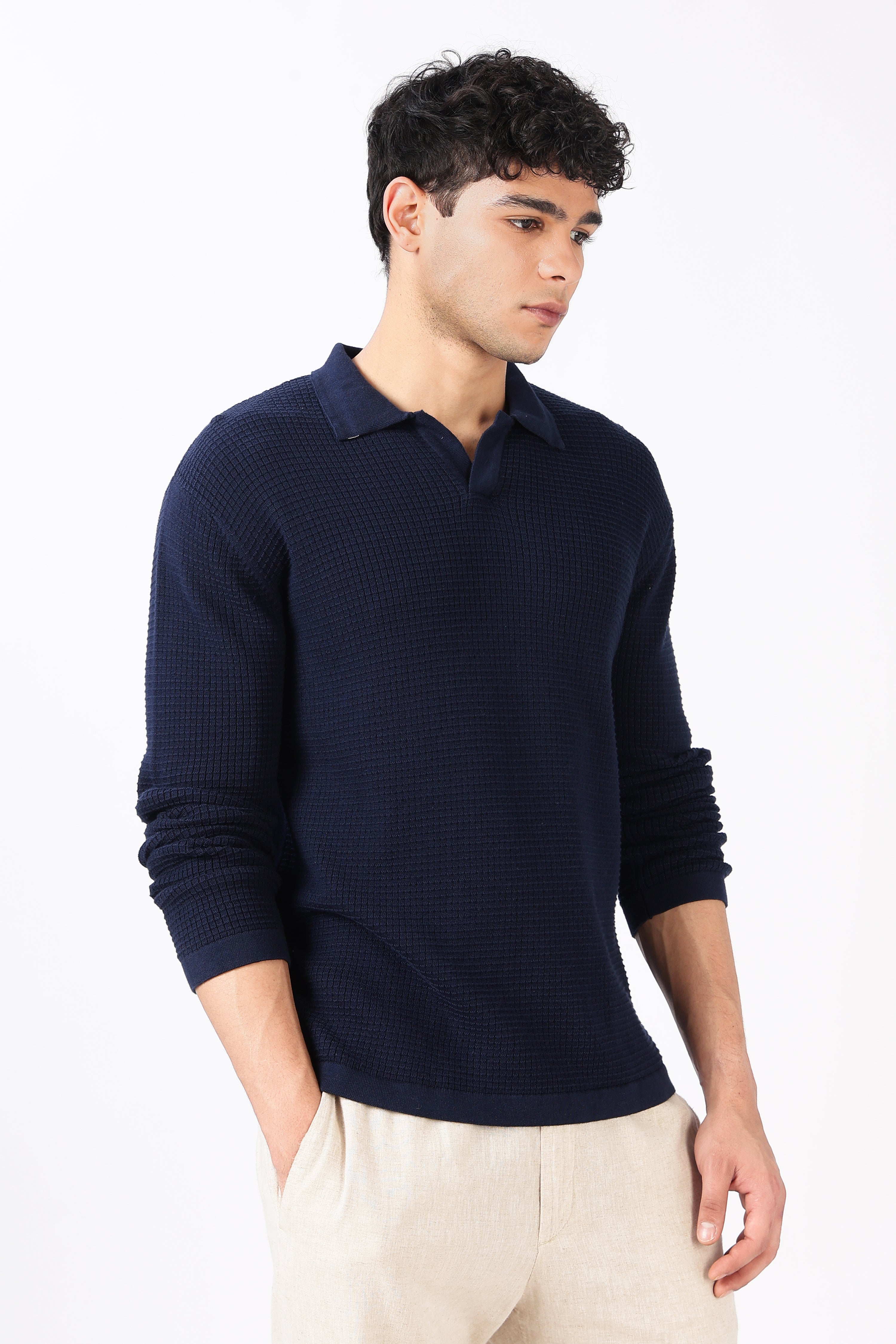 Midnight Grid Knit Navy Polo T-shirt