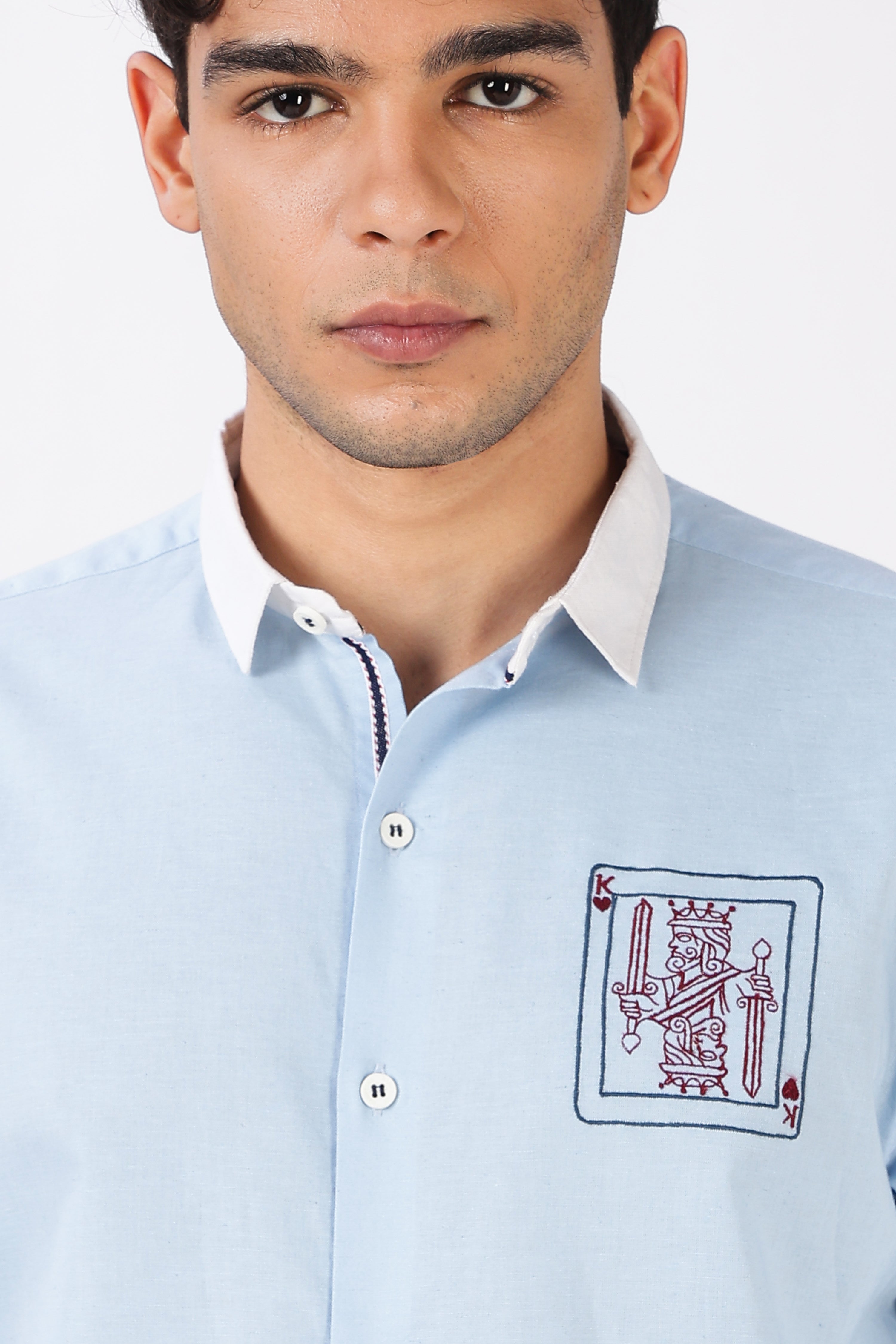 Kingmaker Cotton Regular Fit Sky Blue Embroidered Shirt