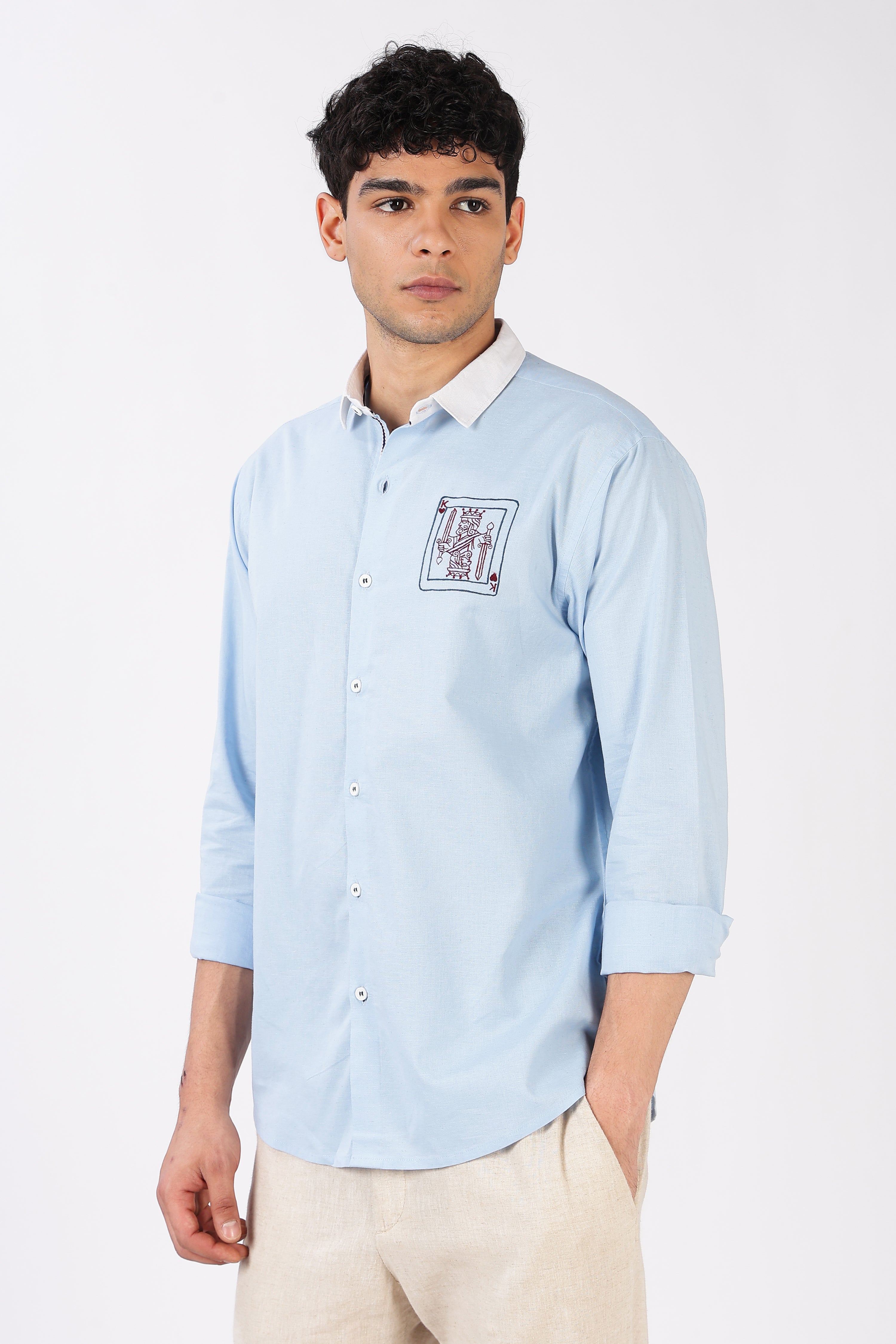 Kingmaker Cotton Regular Fit Sky Blue Embroidered Shirt