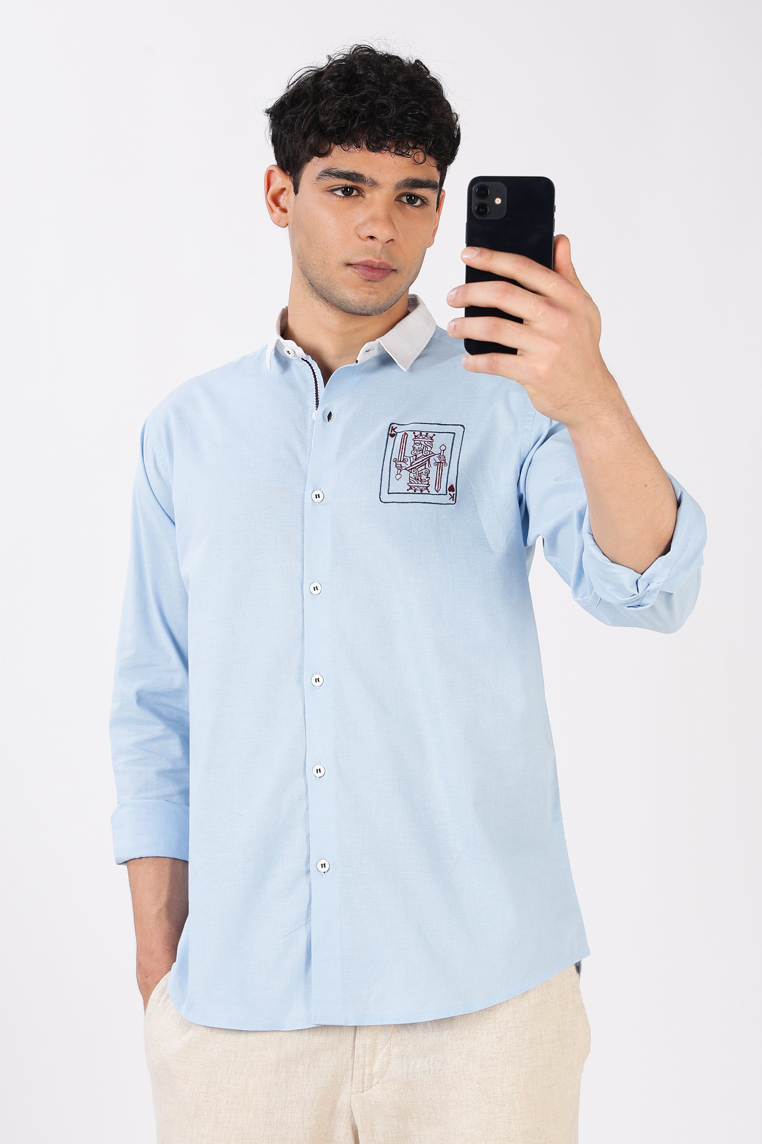 Kingmaker Cotton Regular Fit Sky Blue Embroidered Shirt