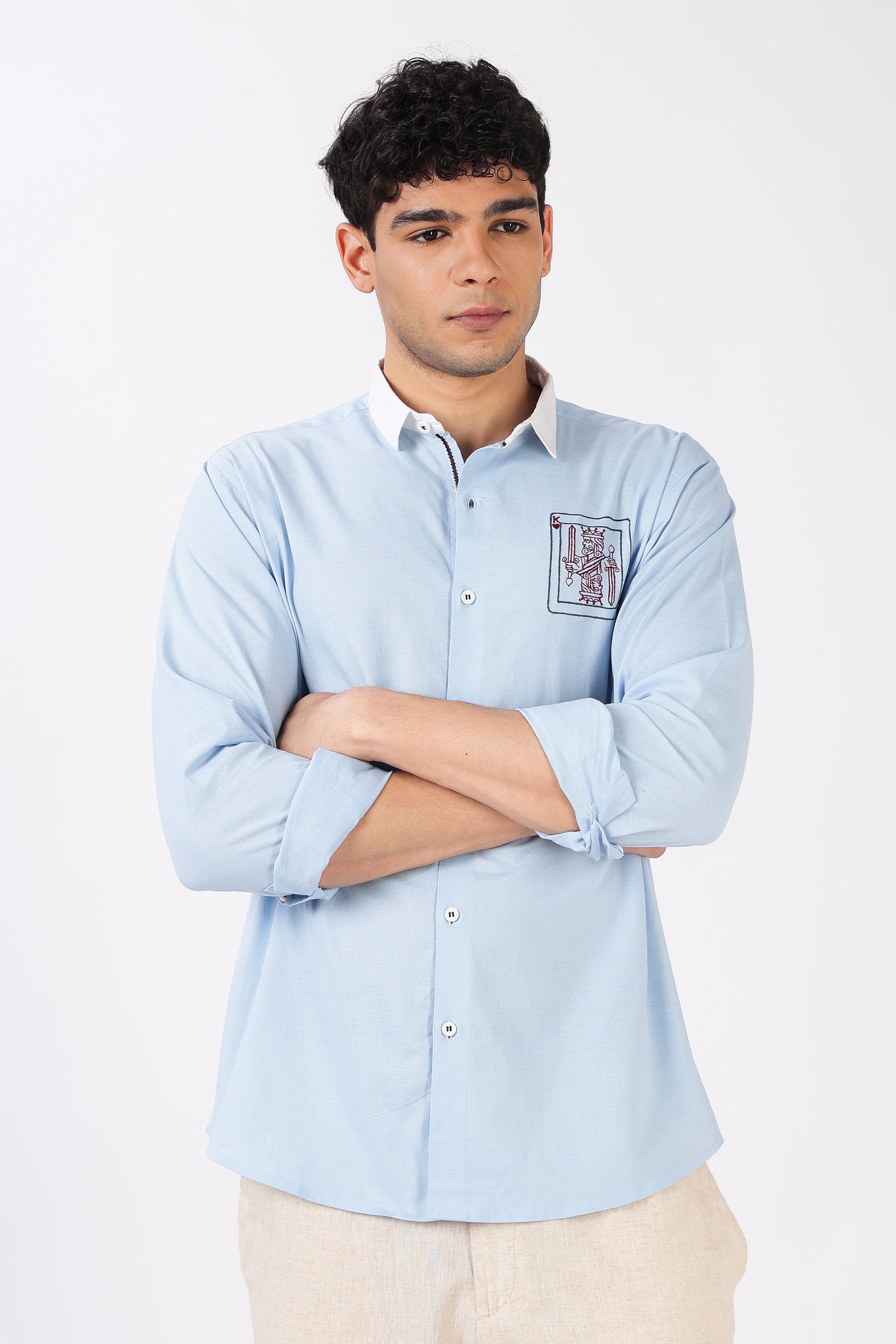 Kingmaker Cotton Regular Fit Sky Blue Embroidered Shirt