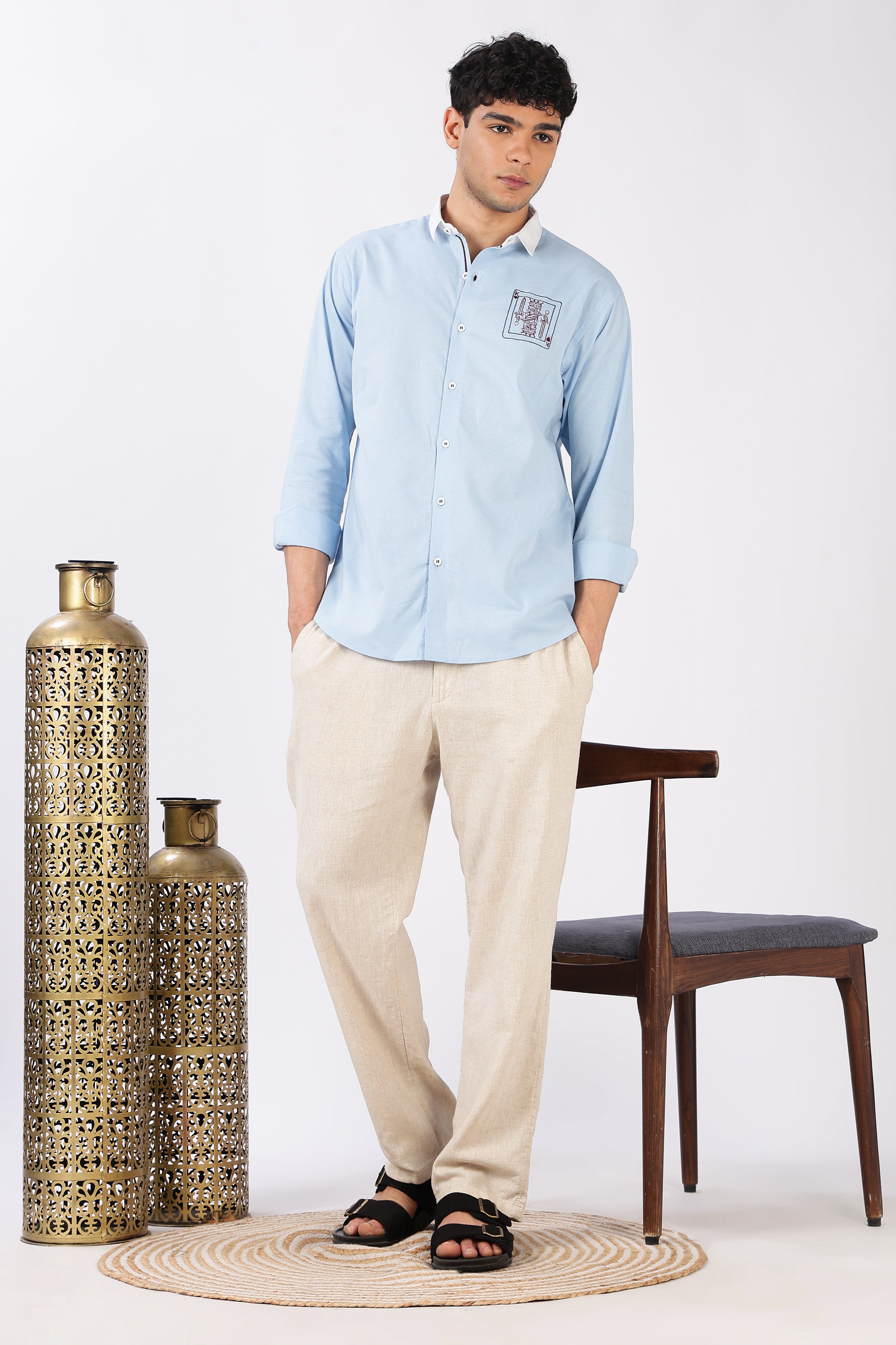 Kingmaker Cotton Regular Fit Sky Blue Embroidered Shirt