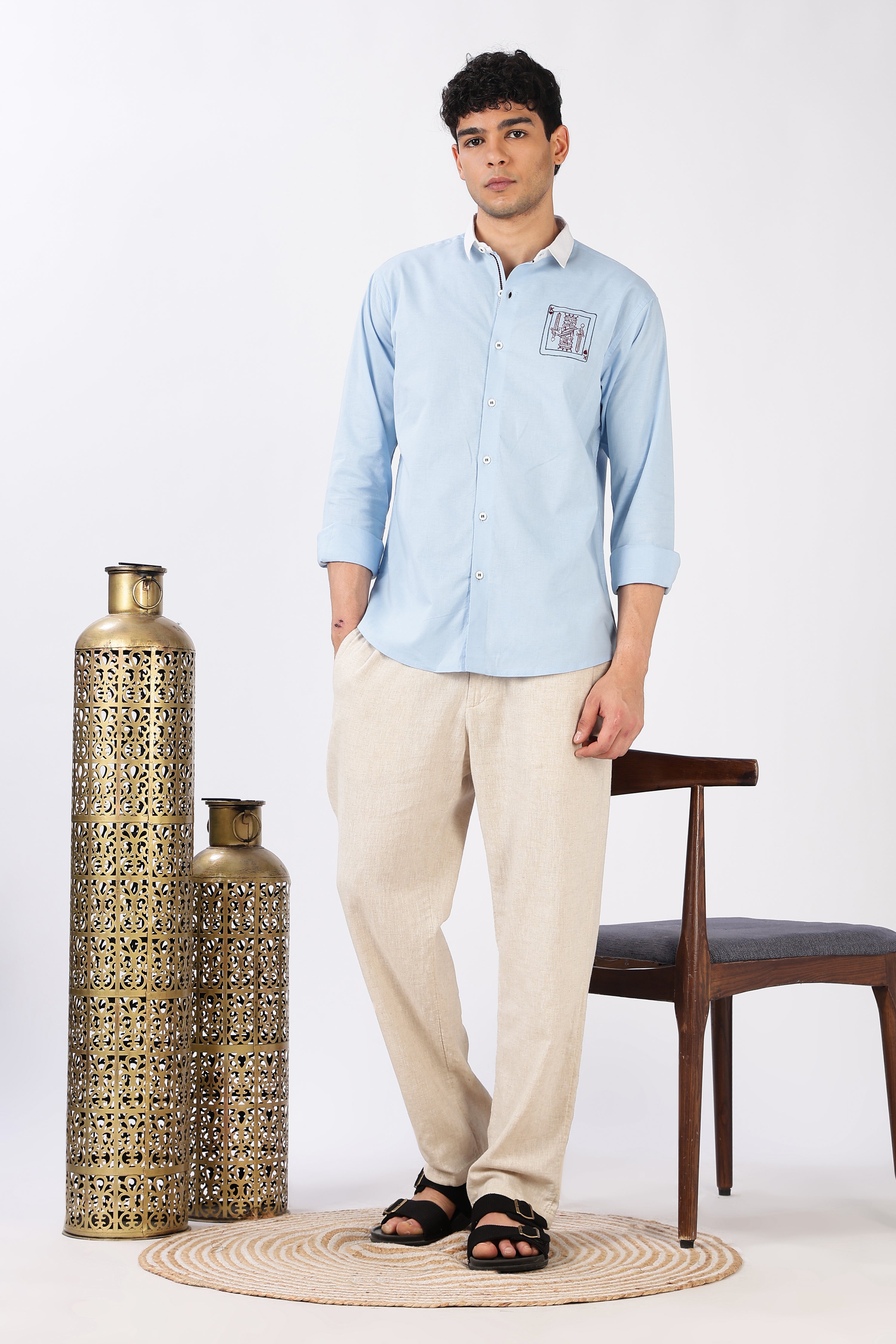 Kingmaker Cotton Regular Fit Sky Blue Embroidered Shirt