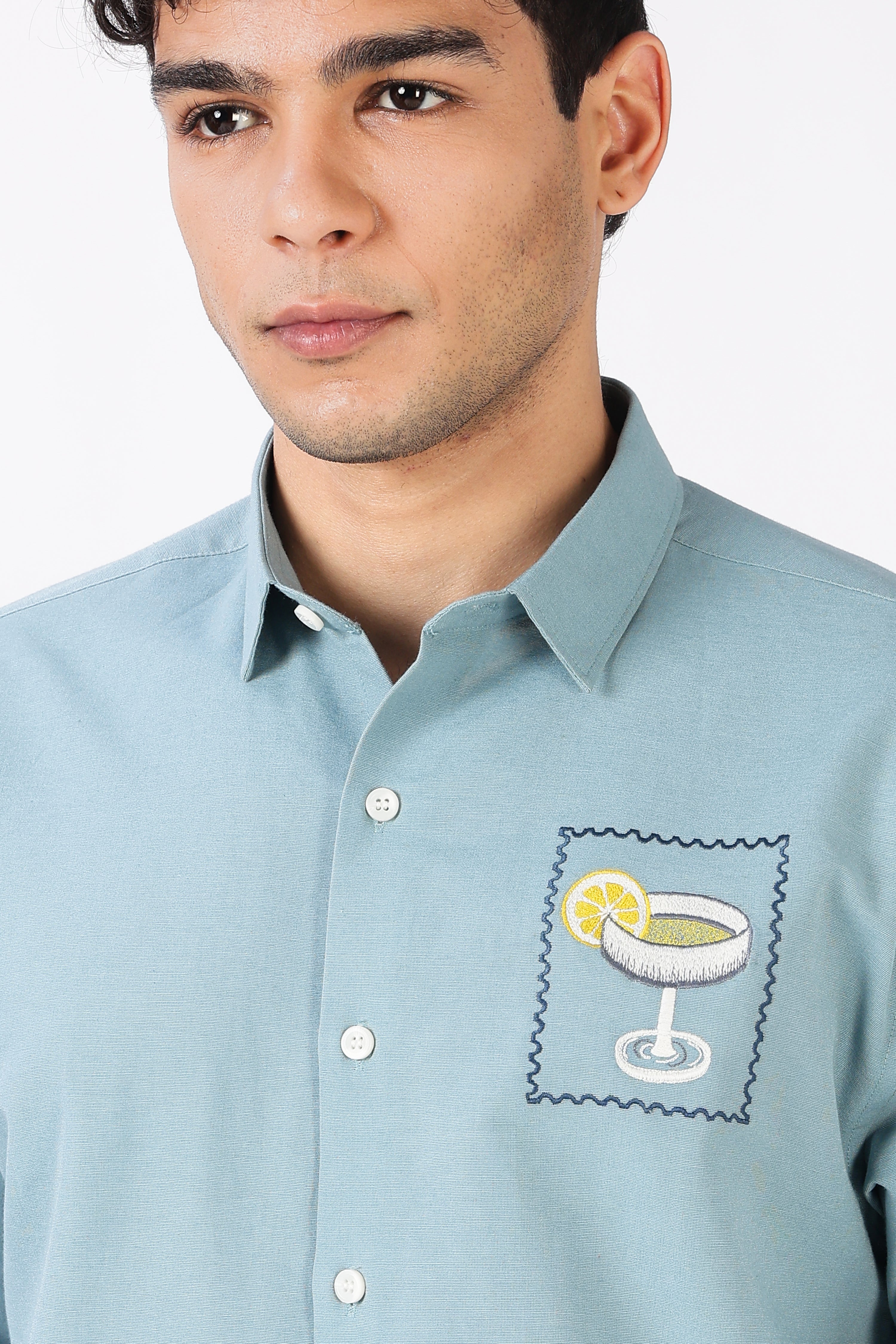 Citrus Cocktail 100% Cotton Regular Fit Sky Blue Embroidered Shirt
