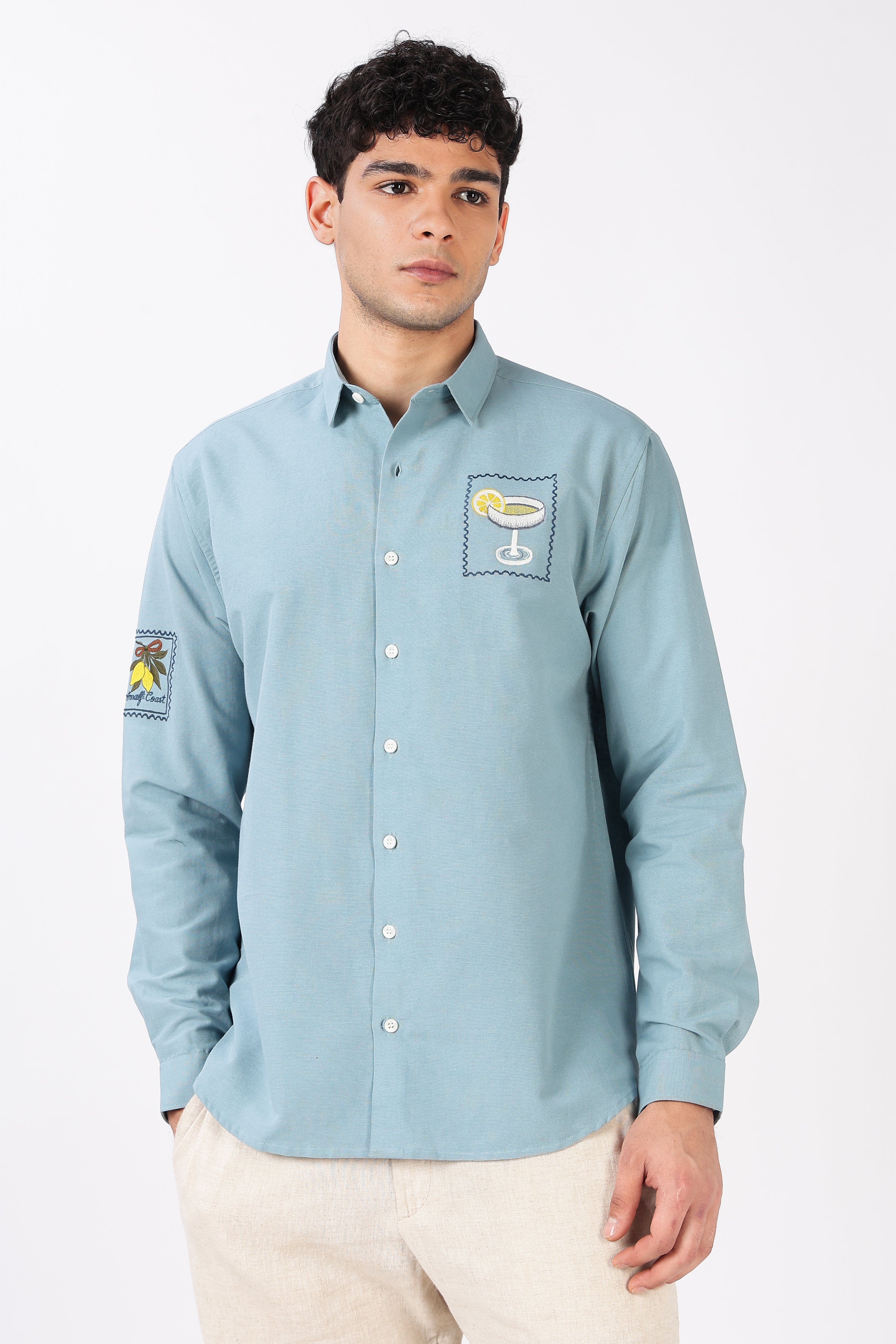 Citrus Cocktail 100% Cotton Regular Fit Sky Blue Embroidered Shirt