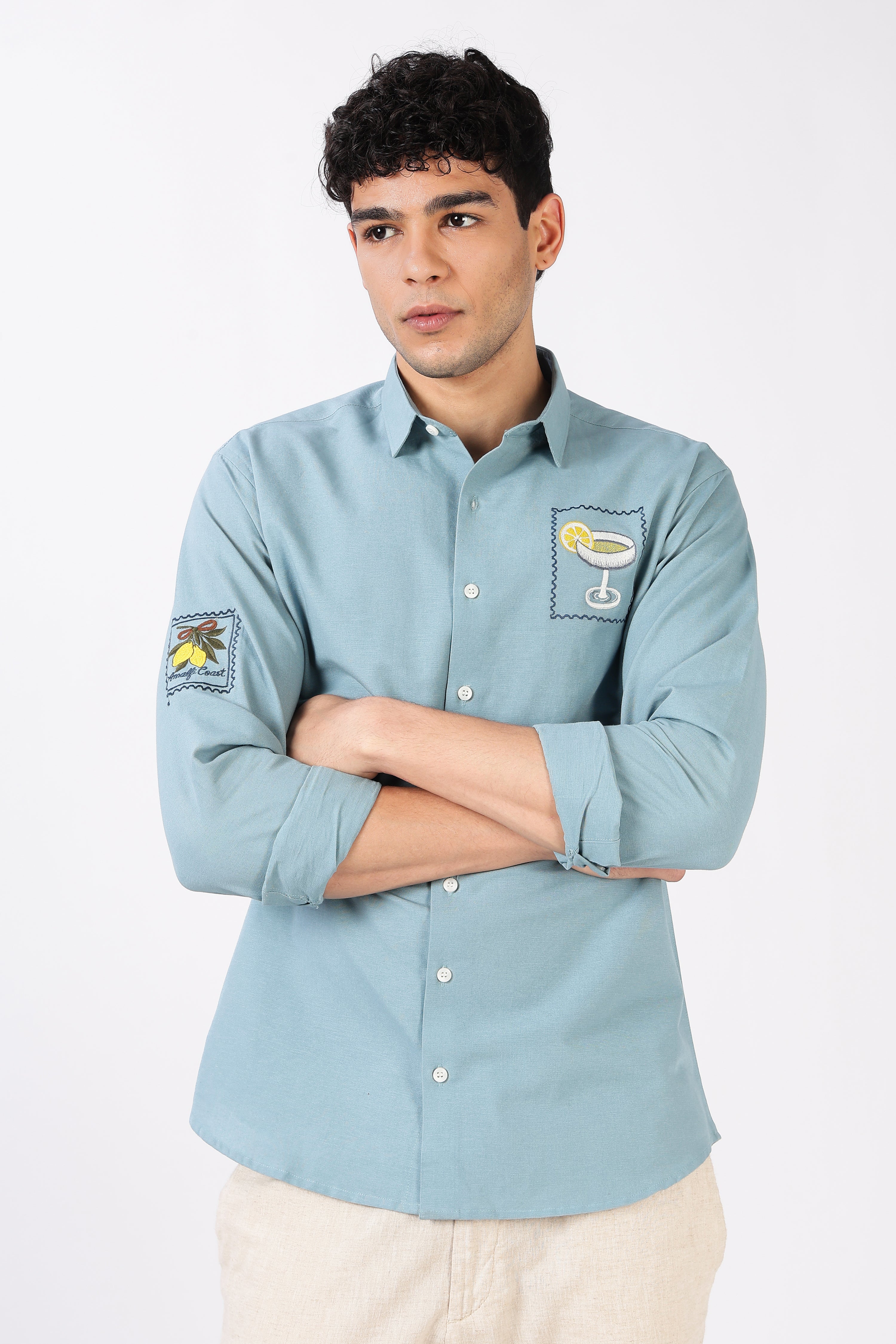 Citrus Cocktail 100% Cotton Regular Fit Sky Blue Embroidered Shirt