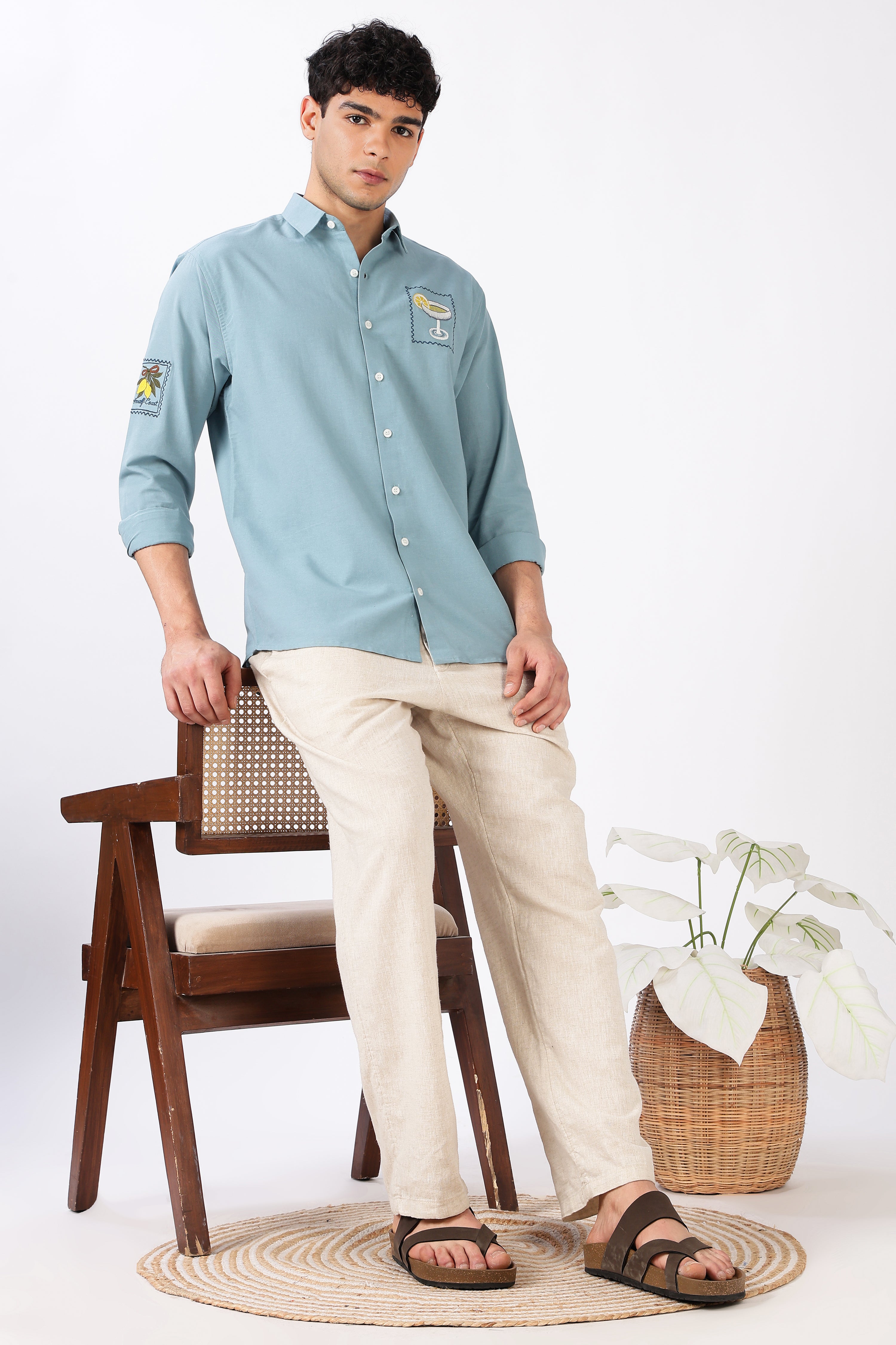 Citrus Cocktail 100% Cotton Regular Fit Sky Blue Embroidered Shirt