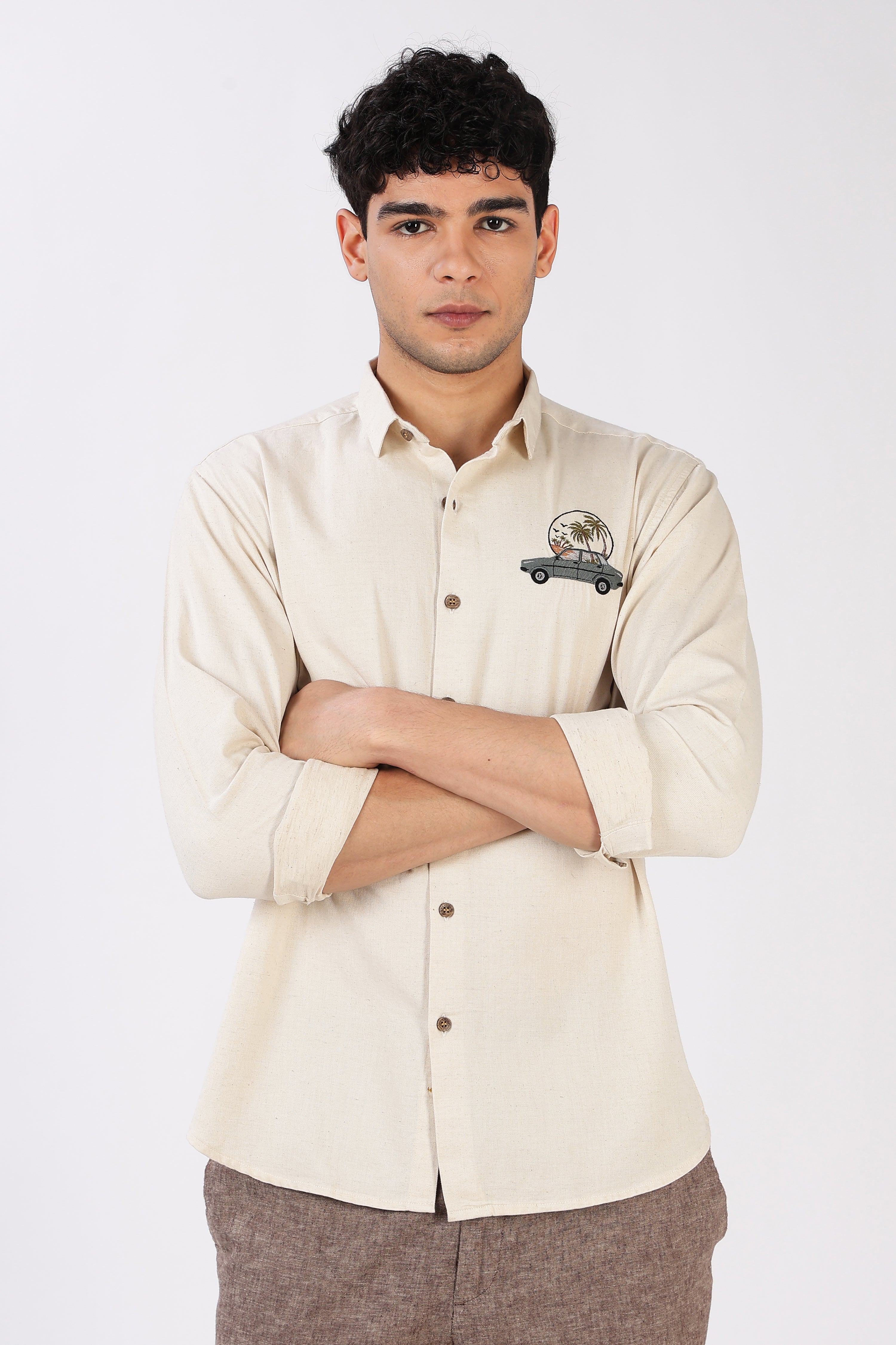 Roadtrip Escape Cotton Regular Fit Beige Embroidered Shirt