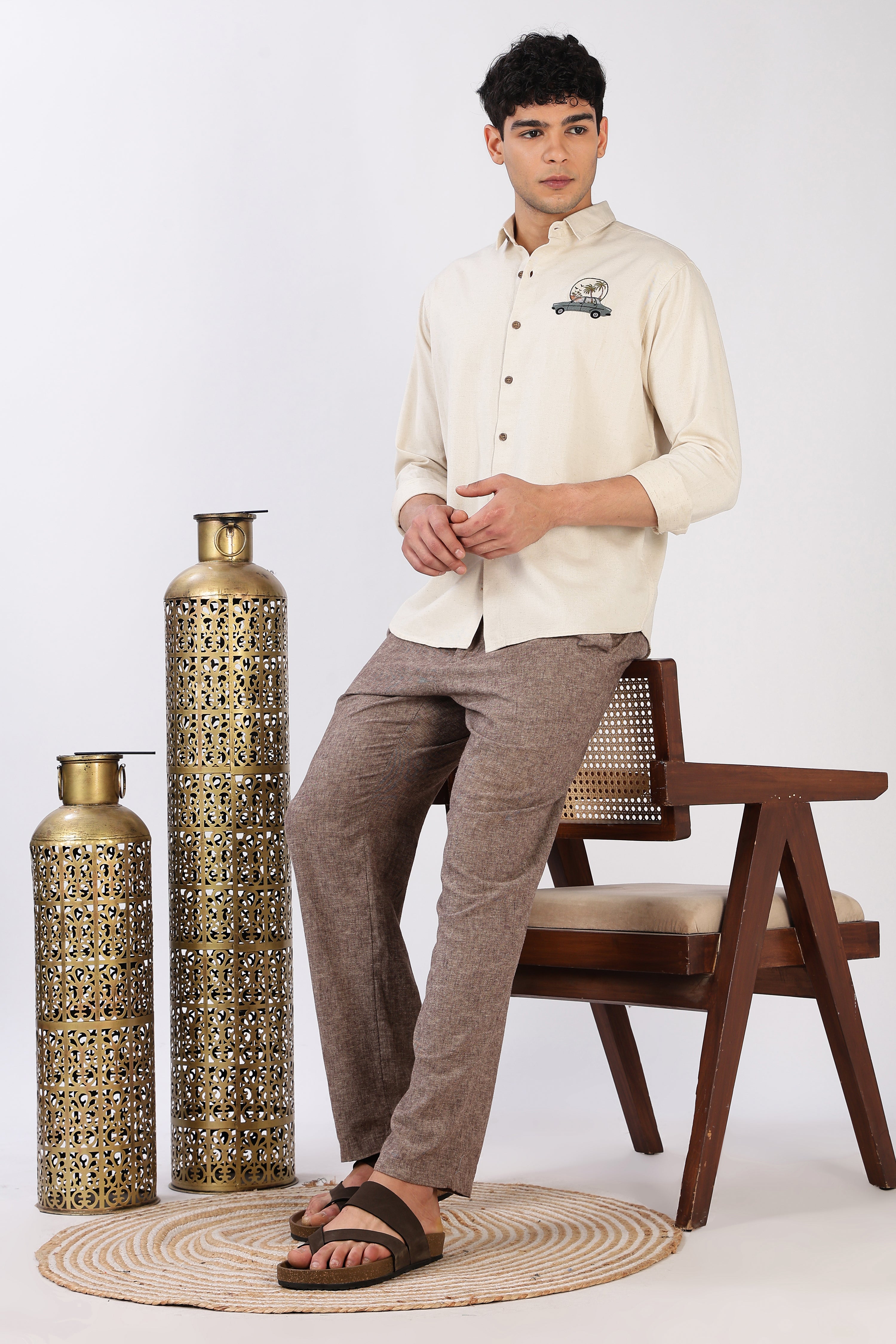 Roadtrip Escape Cotton Regular Fit Beige Embroidered Shirt