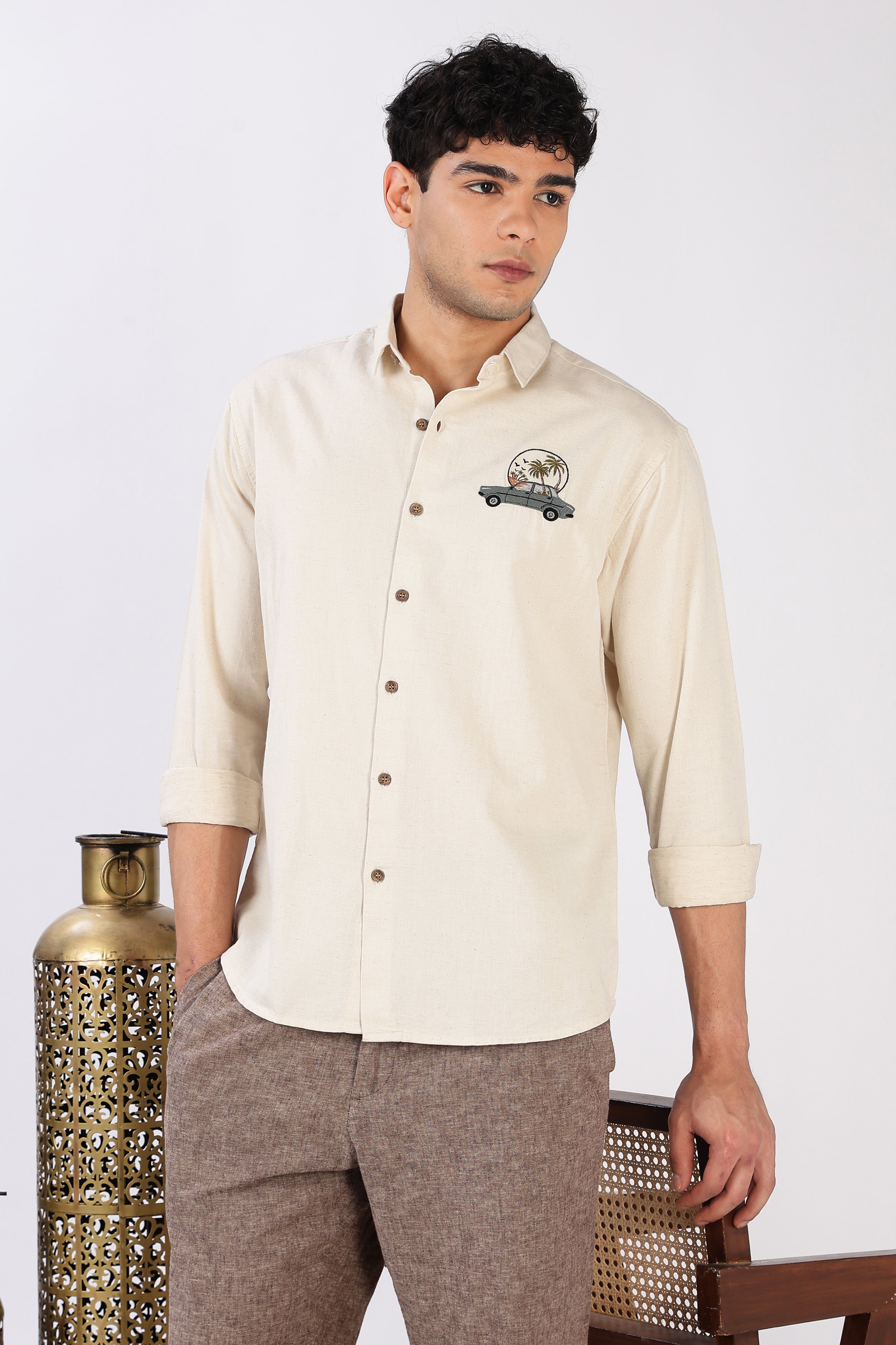 Roadtrip Escape Cotton Regular Fit Beige Embroidered Shirt