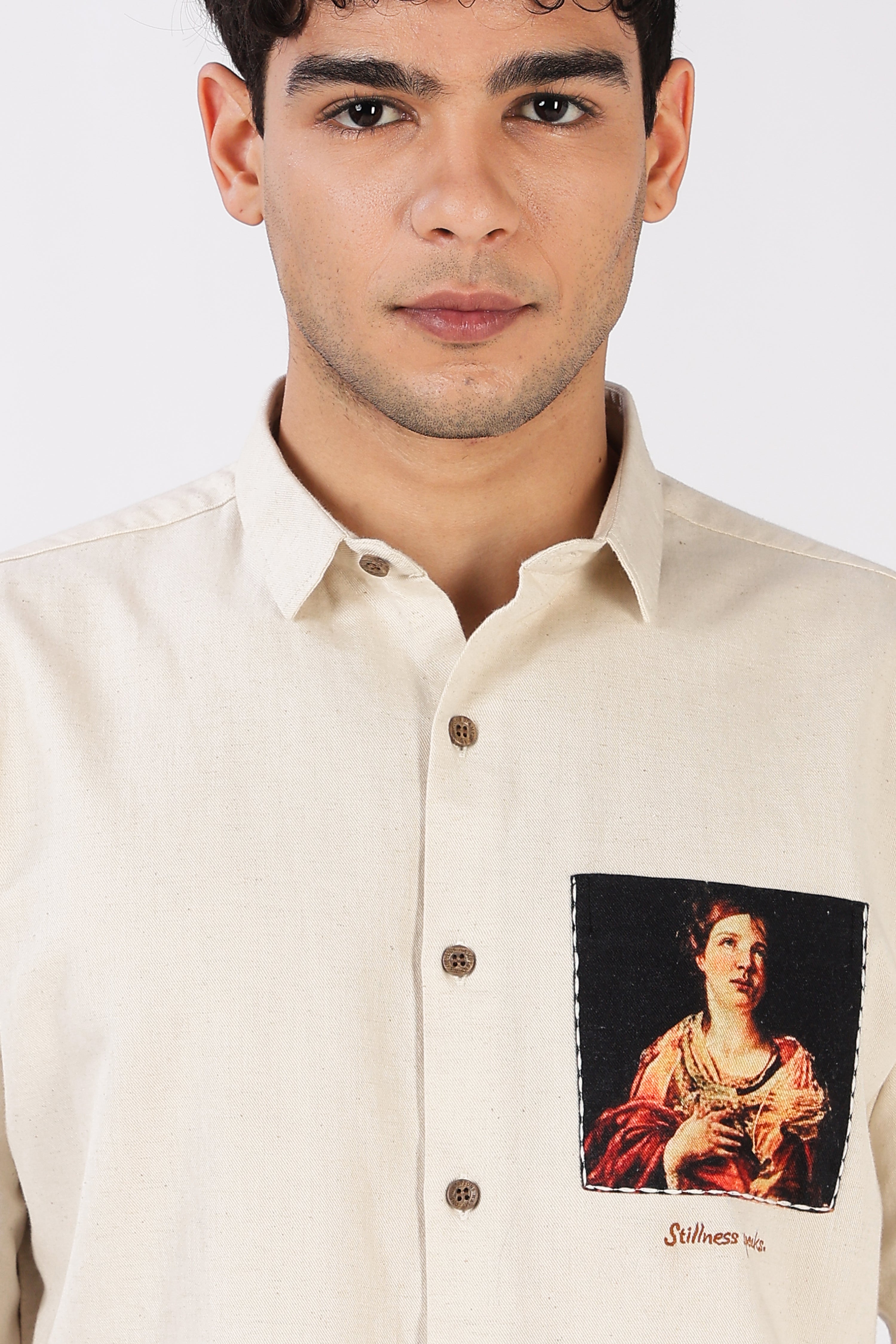 Renaissance Portrait Cotton Regular Fit Beige Pocket Print Shirt