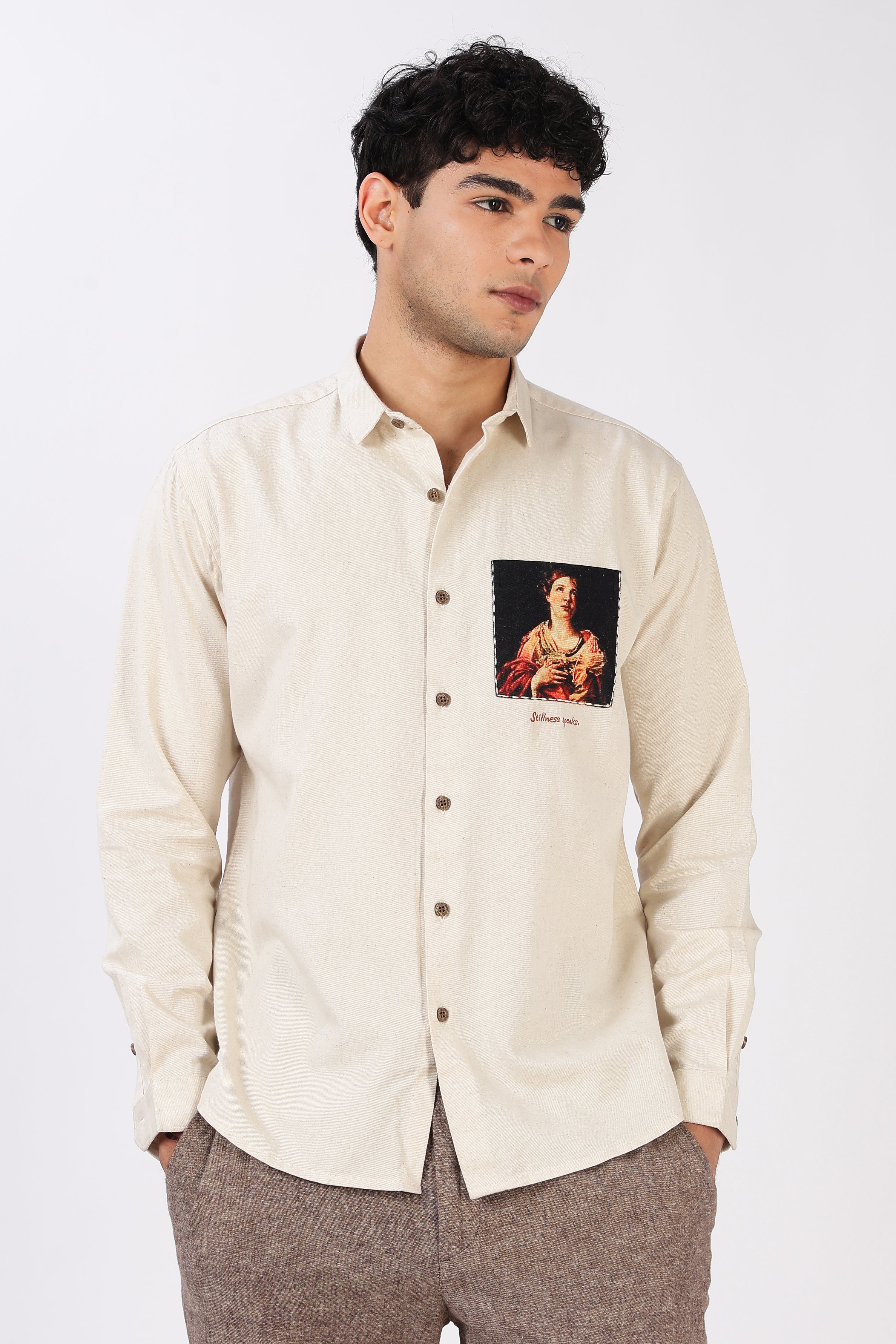 Renaissance Portrait Cotton Regular Fit Beige Pocket Print Shirt