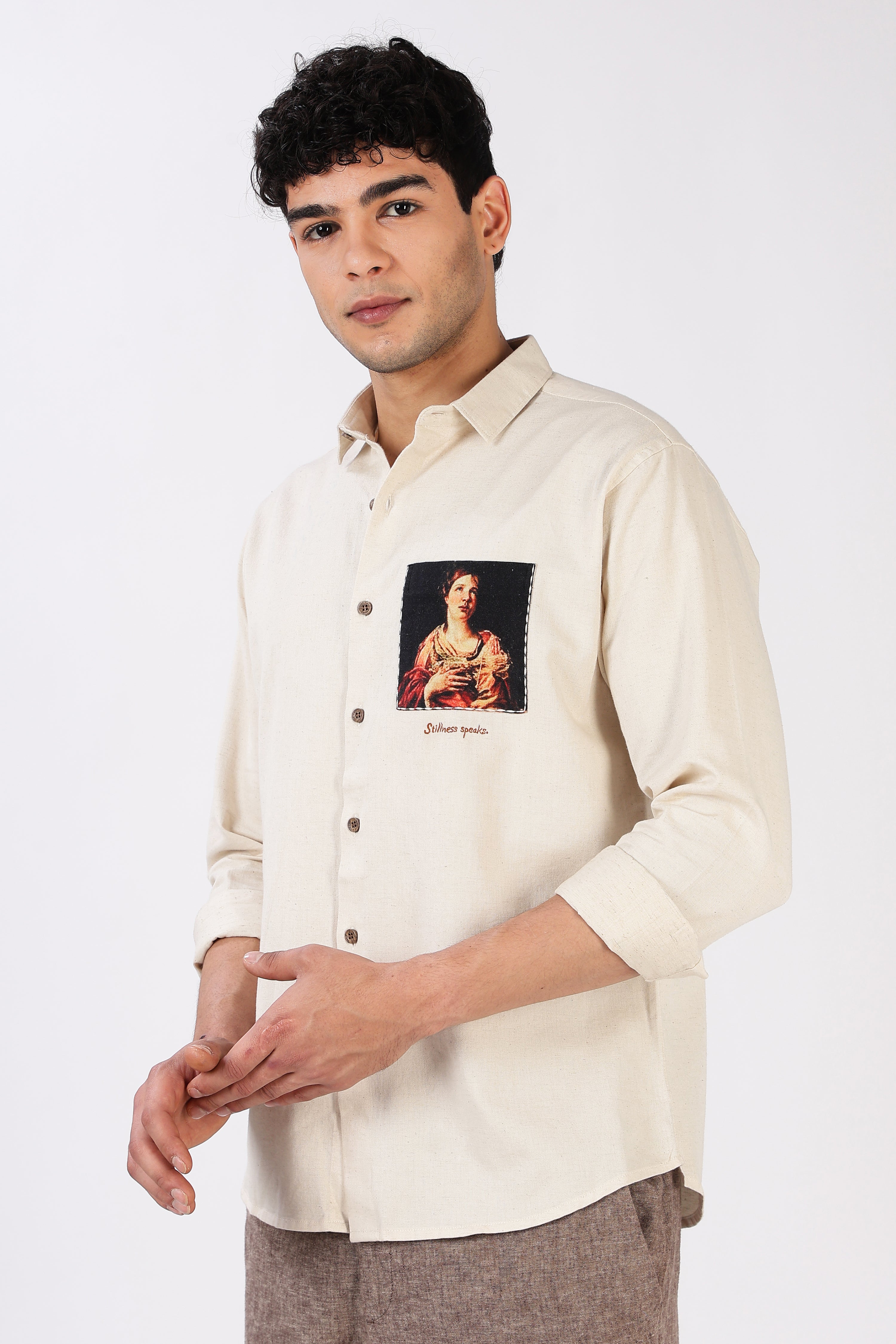 Renaissance Portrait Cotton Regular Fit Beige Pocket Print Shirt