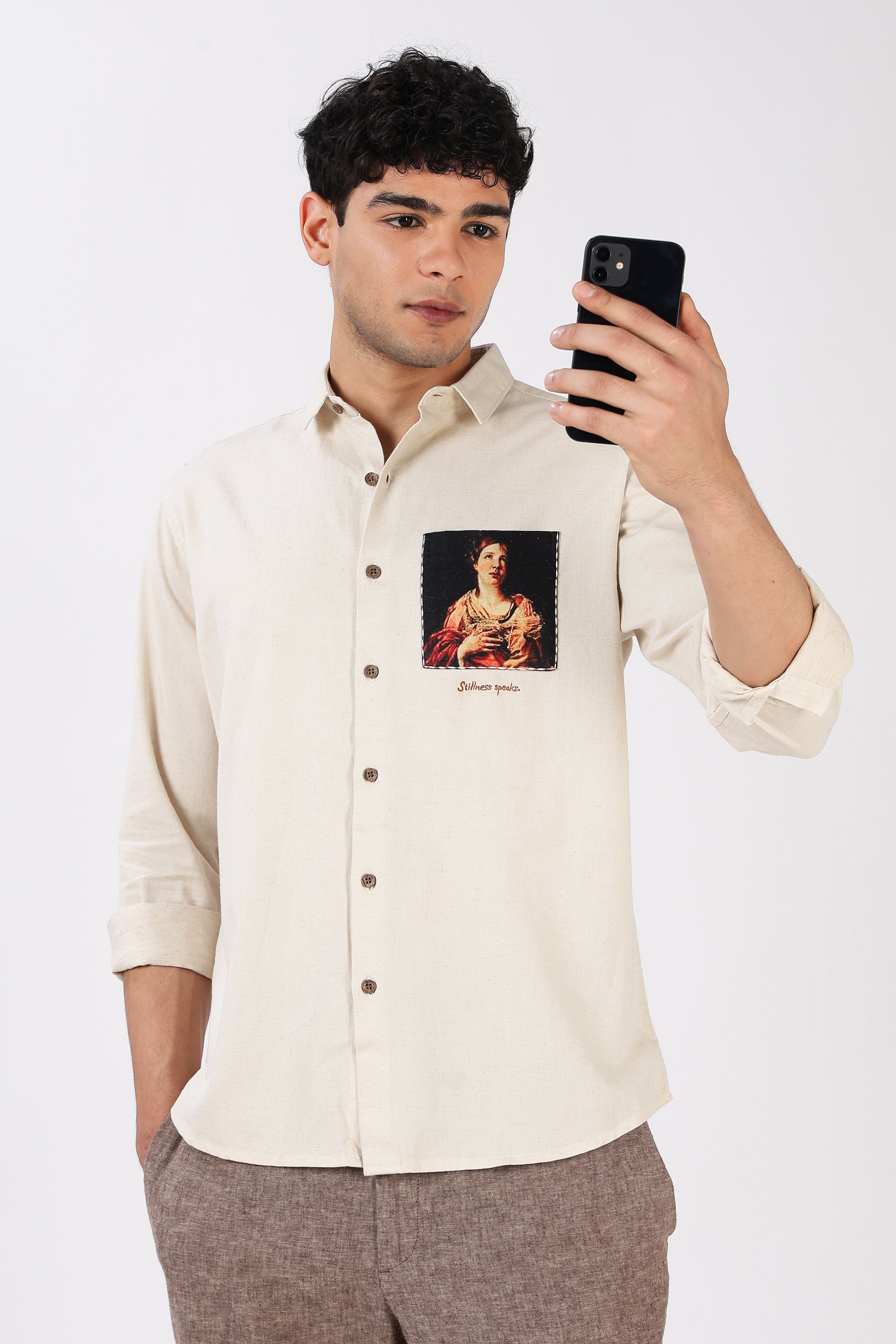 Renaissance Portrait Cotton Regular Fit Beige Pocket Print Shirt