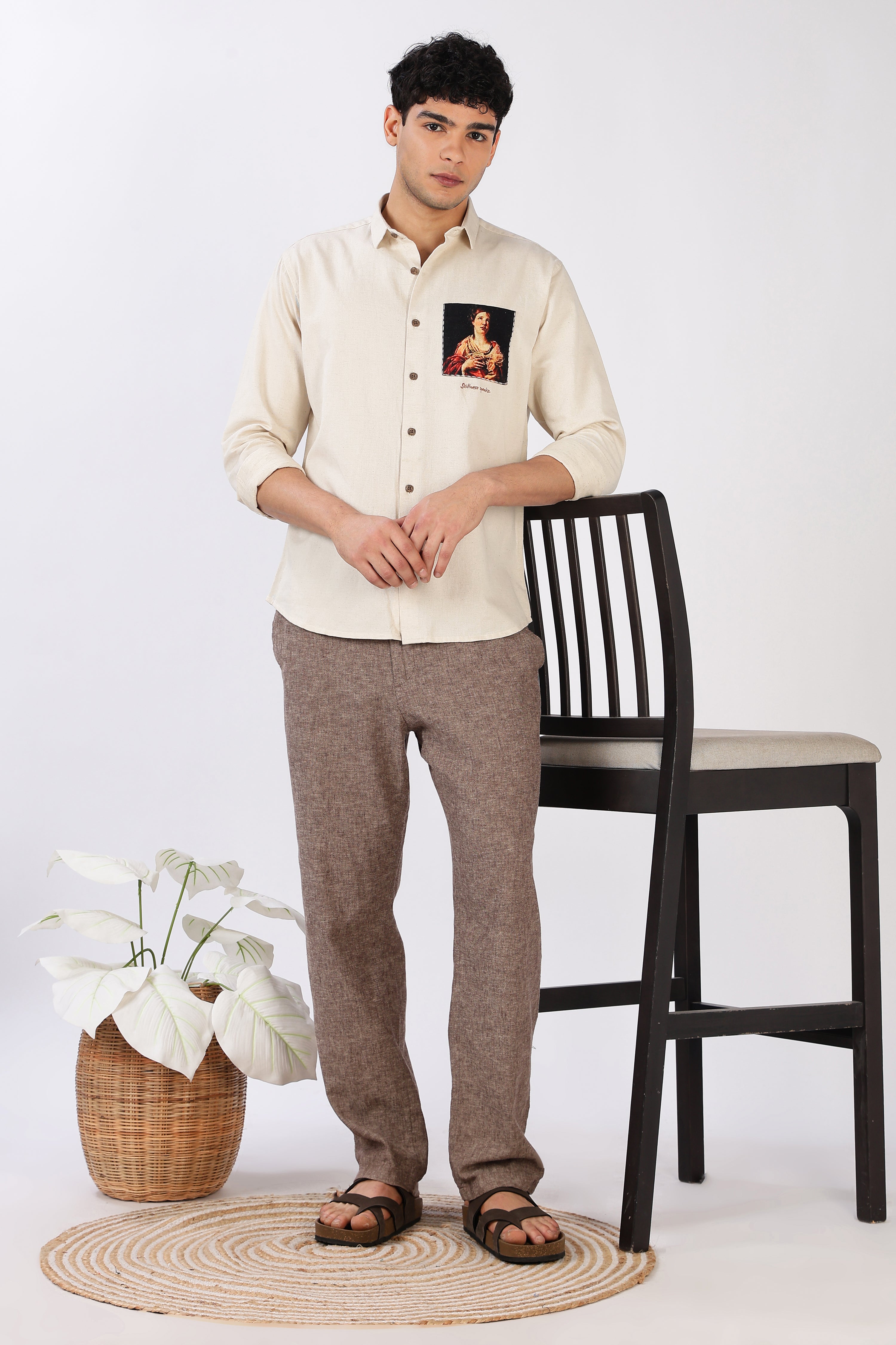 Renaissance Portrait Cotton Regular Fit Beige Pocket Print Shirt