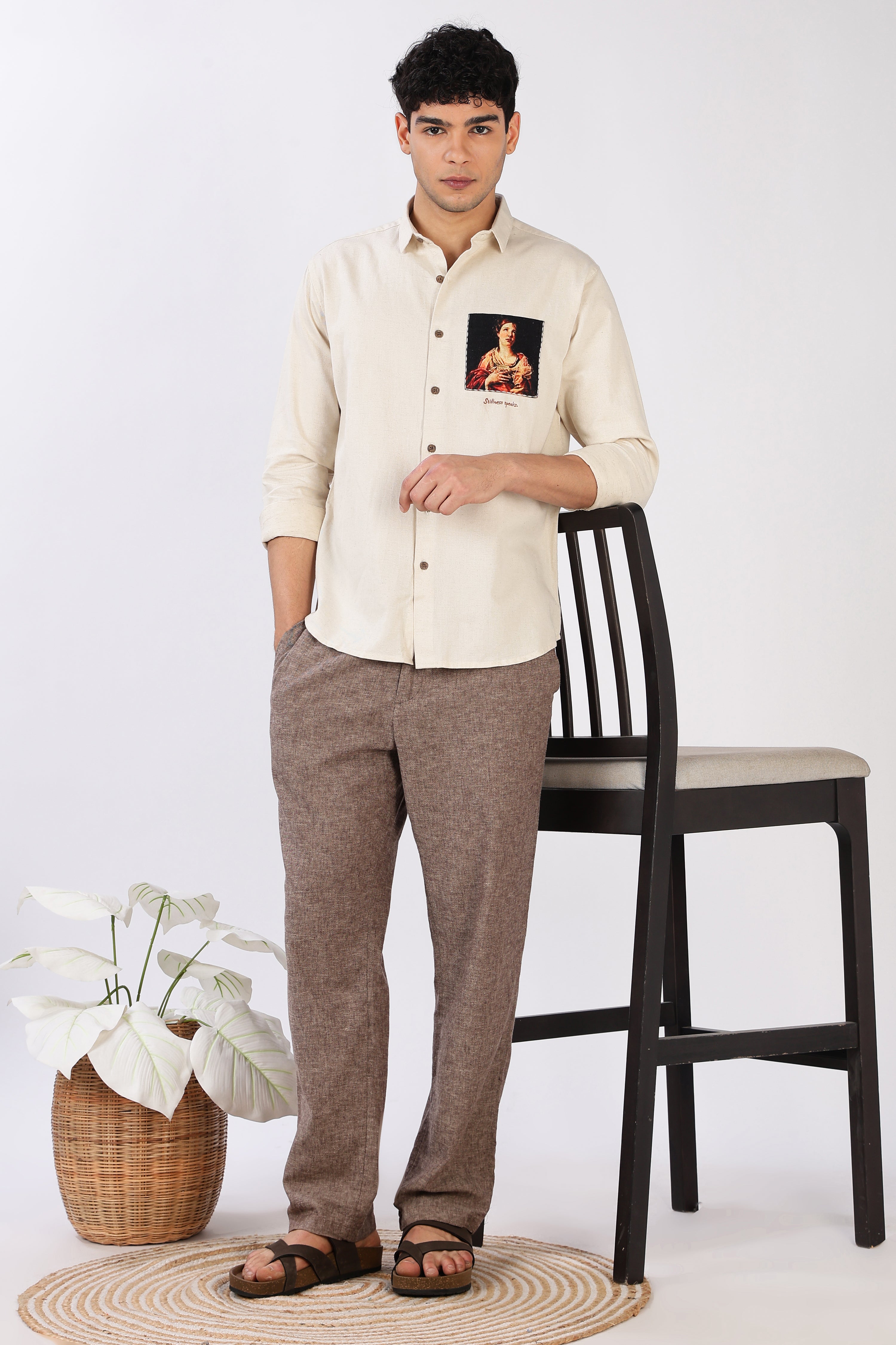 Renaissance Portrait Cotton Regular Fit Beige Pocket Print Shirt