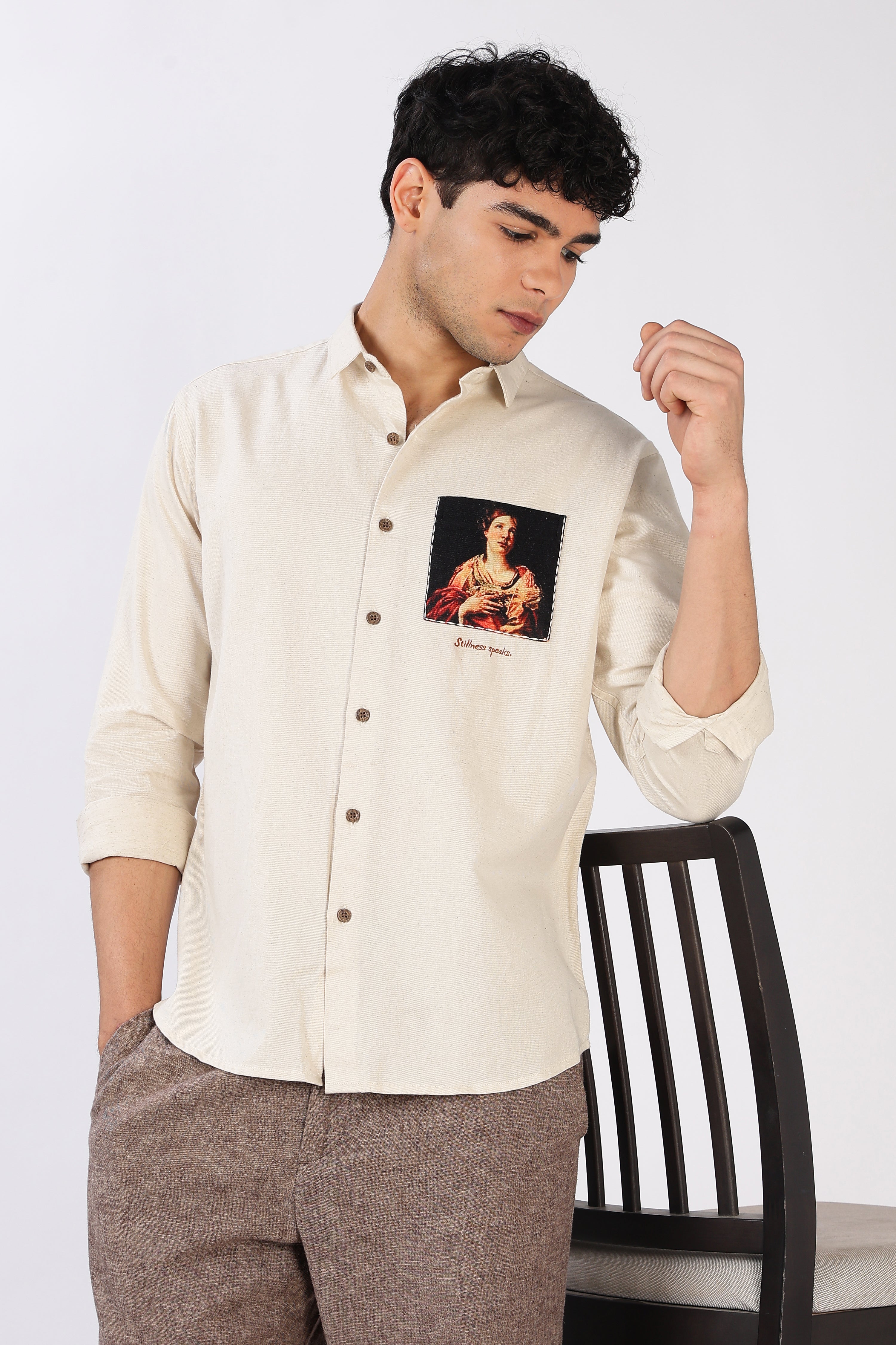Renaissance Portrait Cotton Regular Fit Beige Pocket Print Shirt