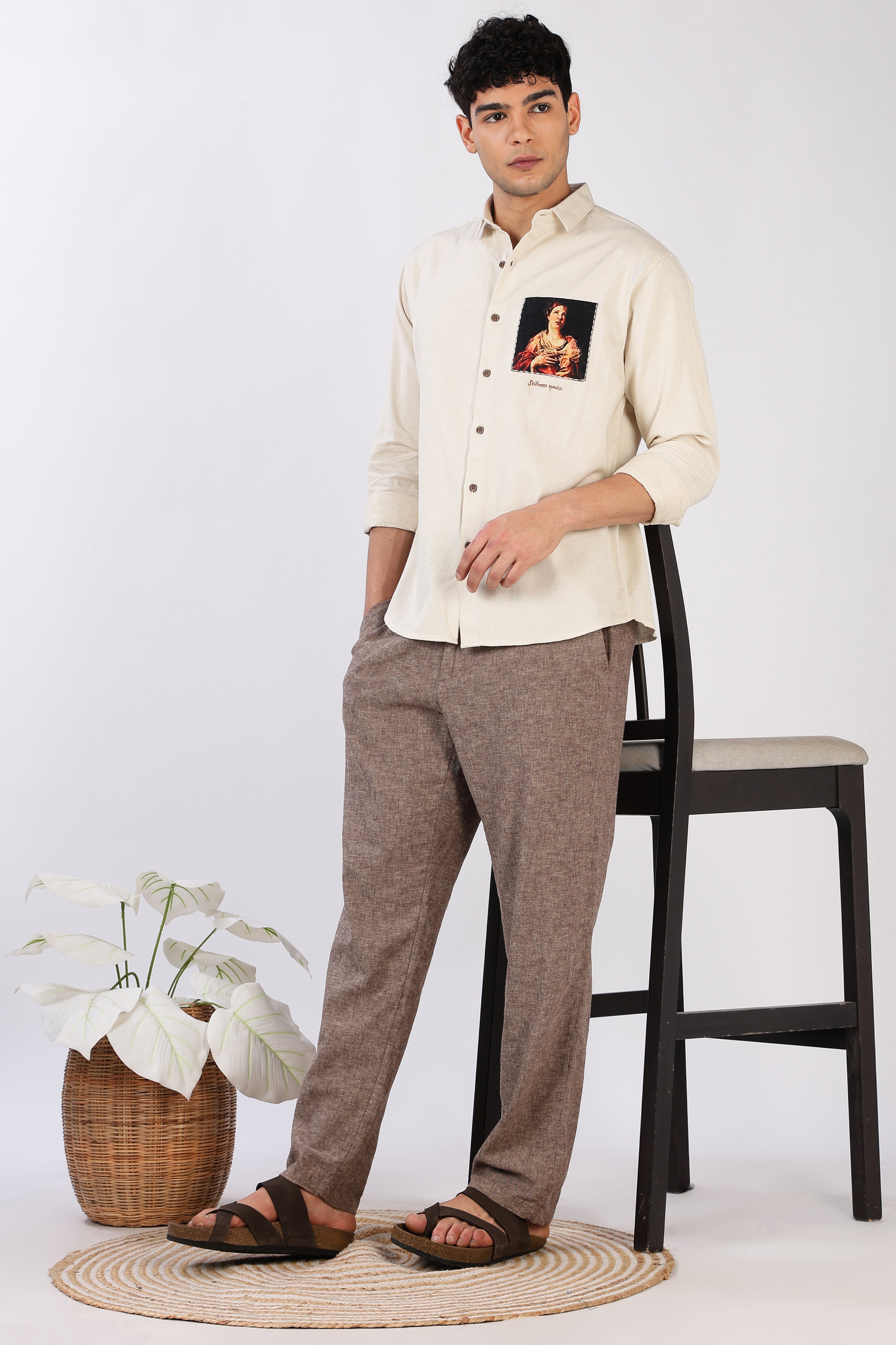 Renaissance Portrait Cotton Regular Fit Beige Pocket Print Shirt
