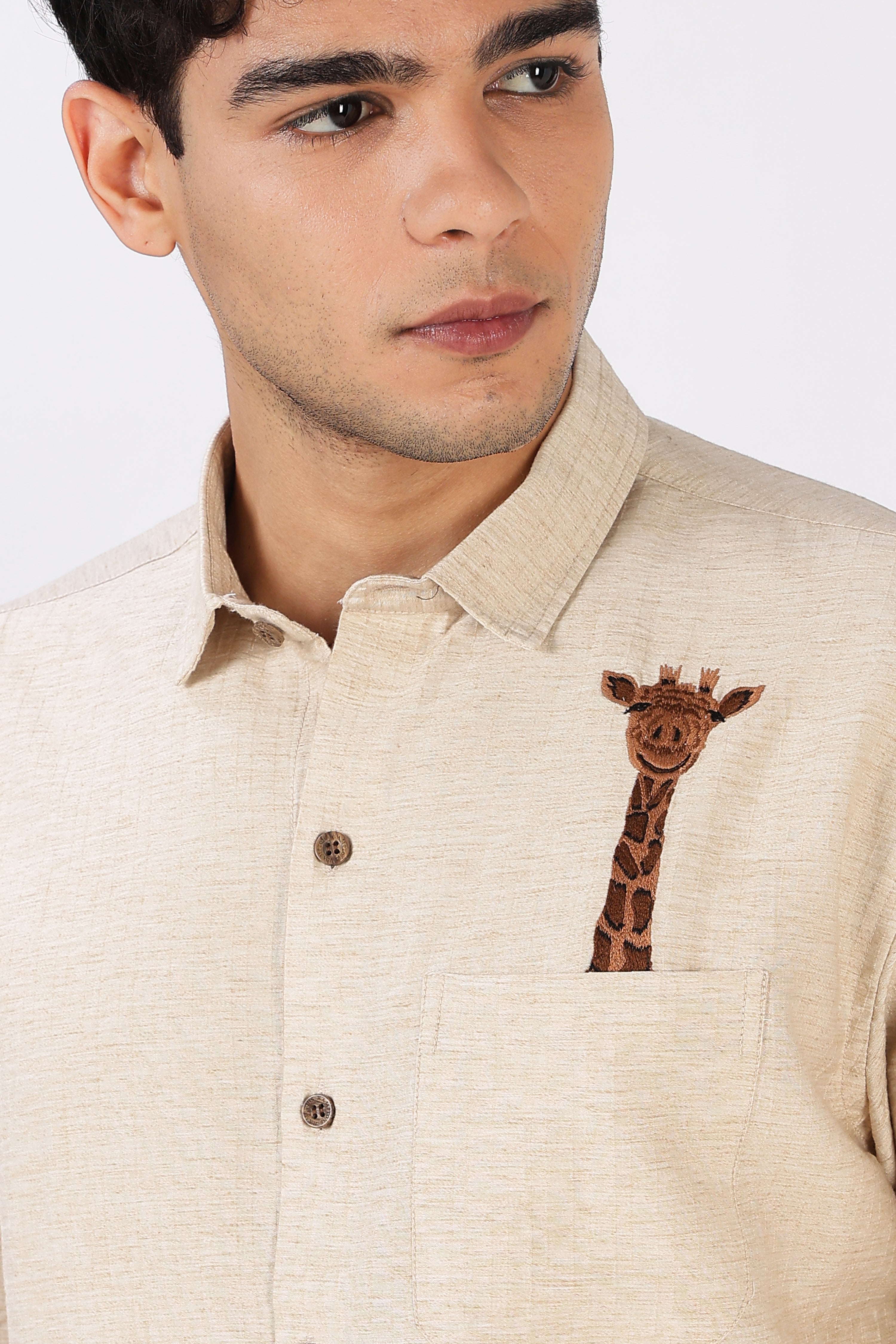 Gentle Giraffe Cotton Regular Fit Beige Embroidered Shirt