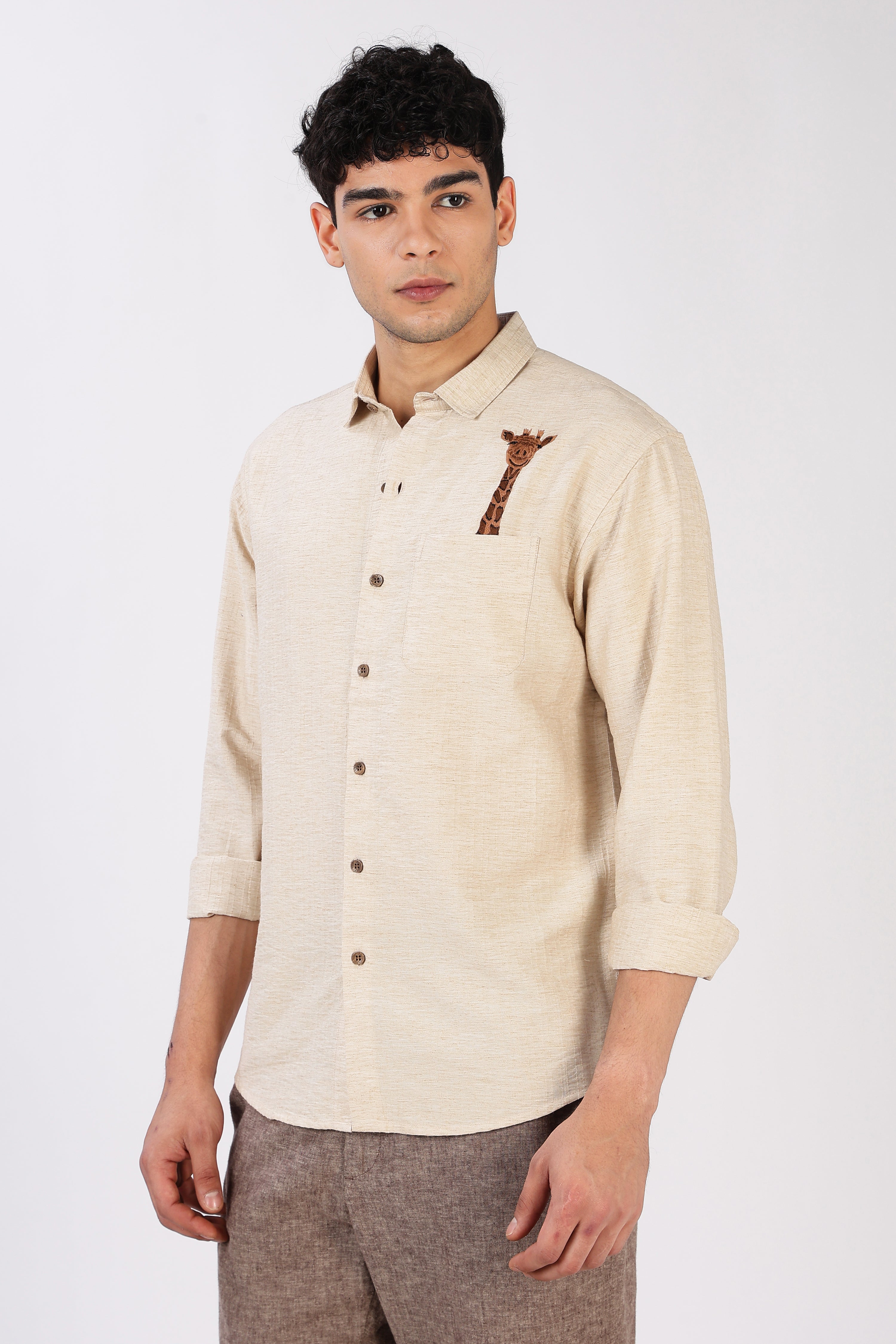 Gentle Giraffe Cotton Regular Fit Beige Embroidered Shirt