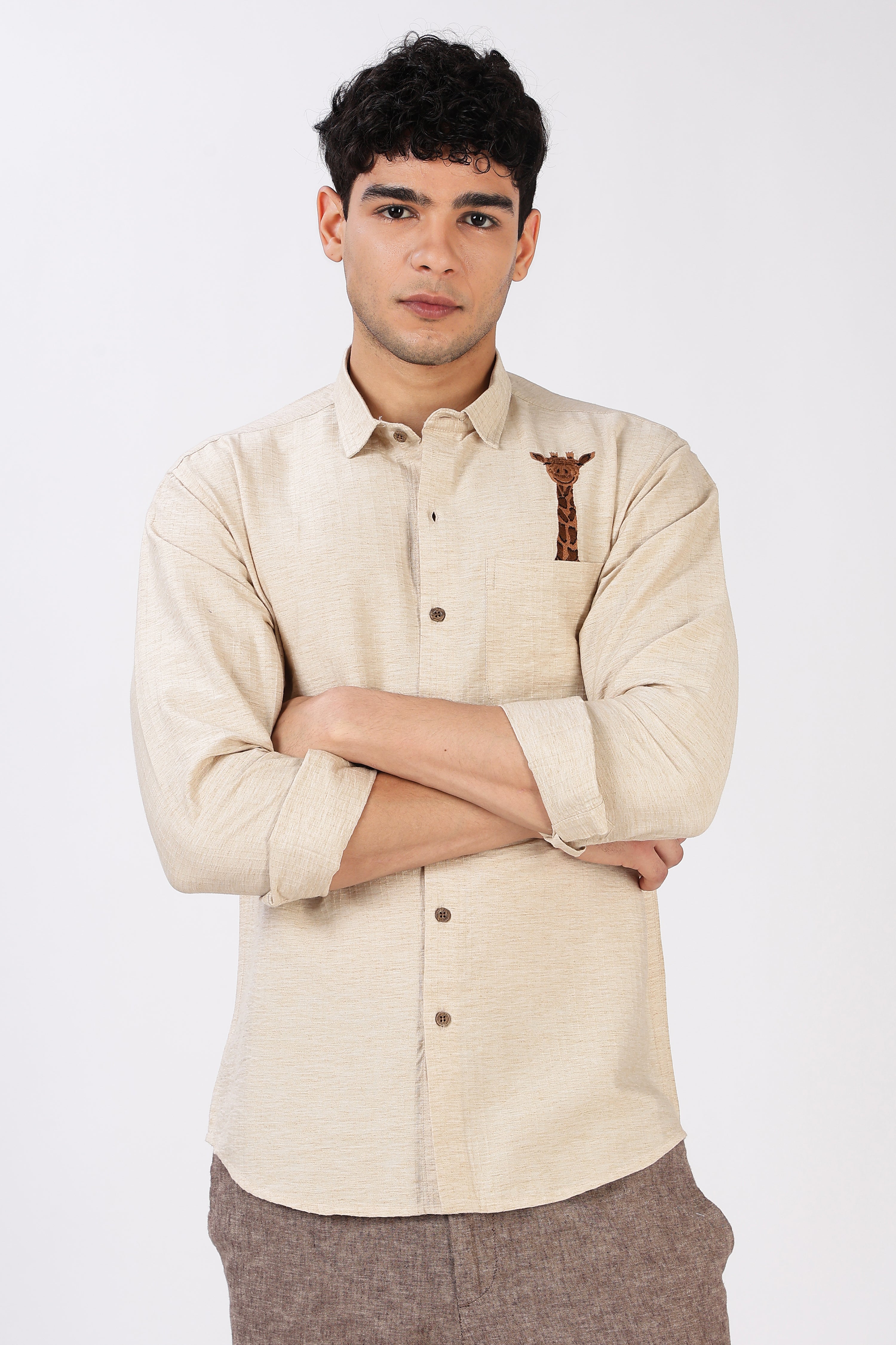 Gentle Giraffe Cotton Regular Fit Beige Embroidered Shirt