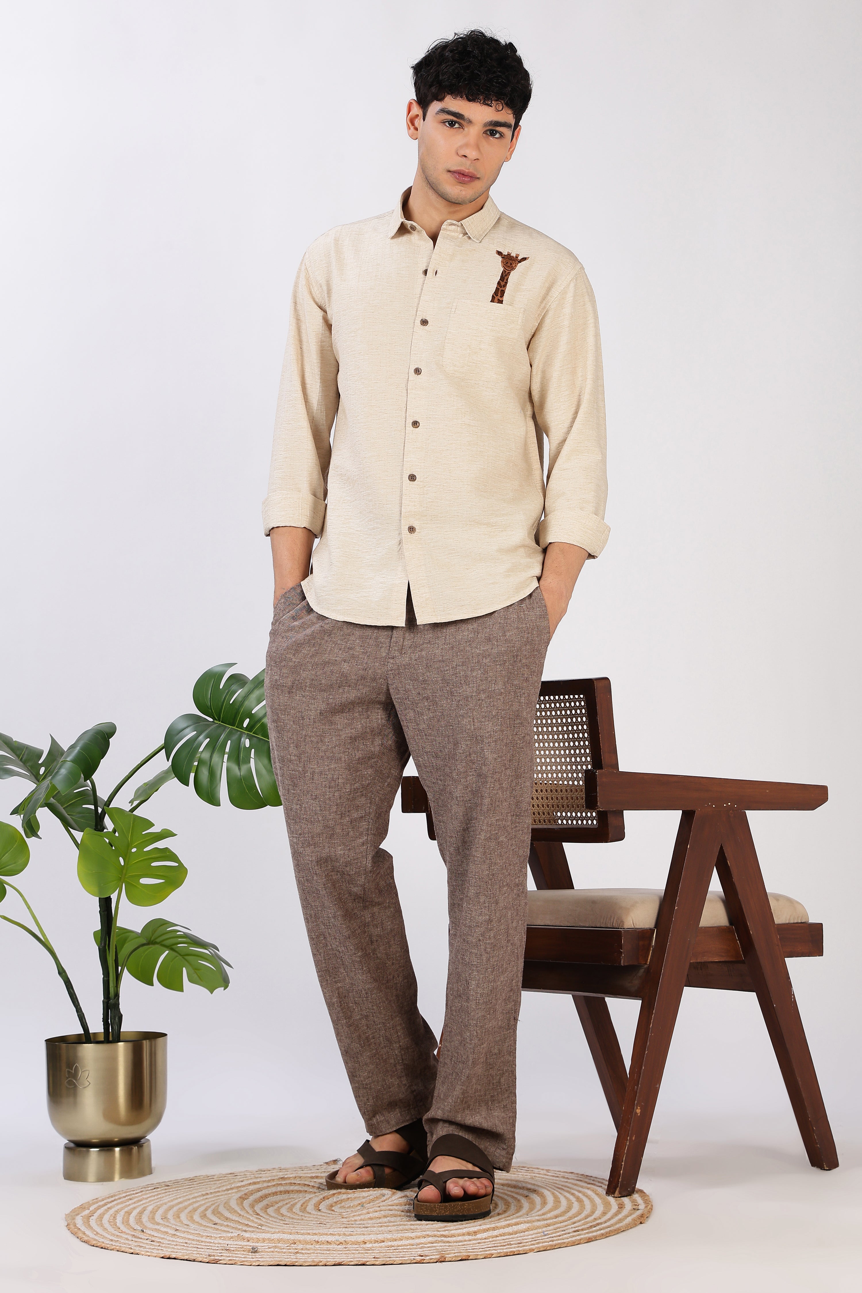 Gentle Giraffe Cotton Regular Fit Beige Embroidered Shirt