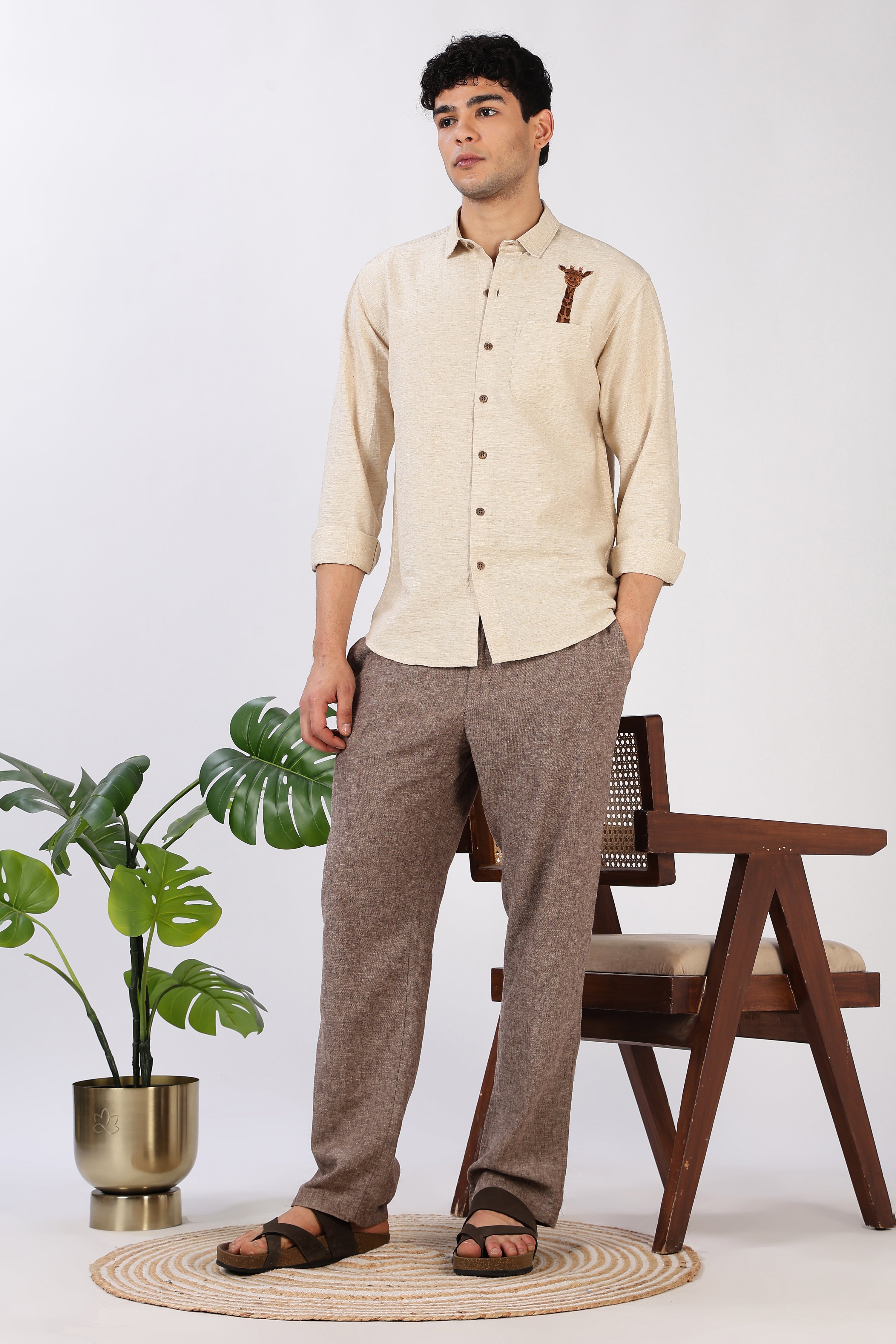 Gentle Giraffe Cotton Regular Fit Beige Embroidered Shirt