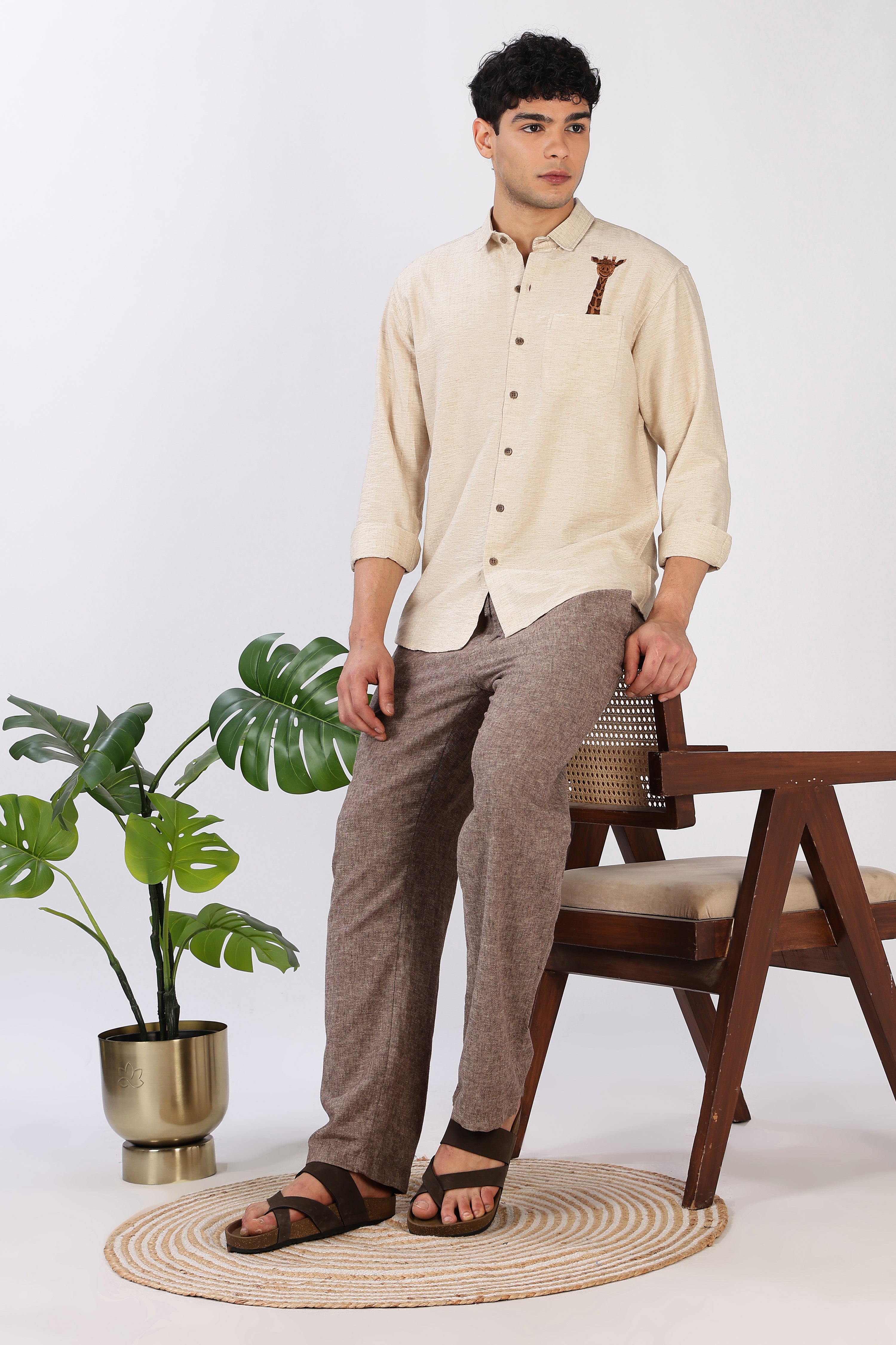 Gentle Giraffe Cotton Regular Fit Beige Embroidered Shirt