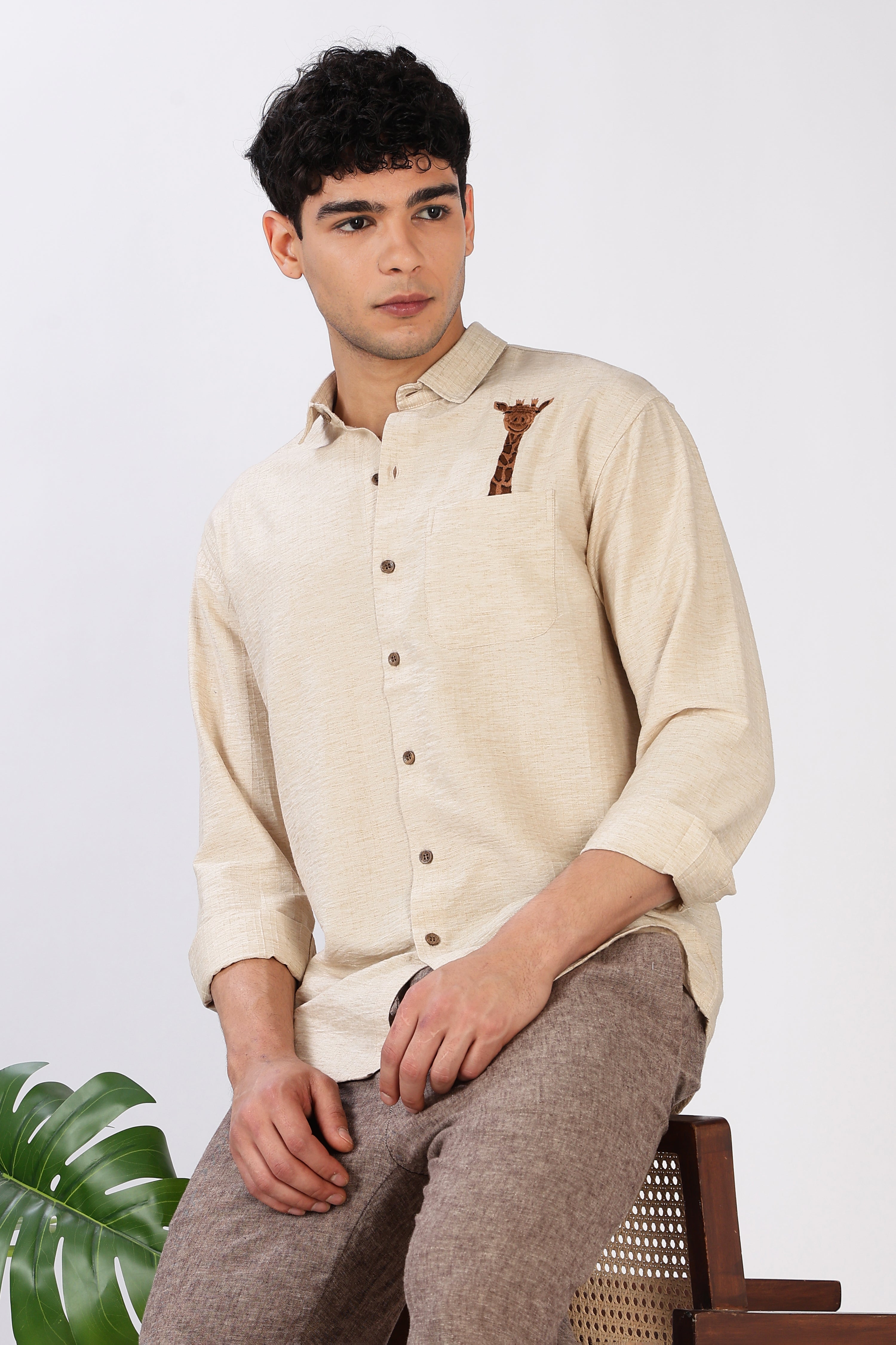 Gentle Giraffe Cotton Regular Fit Beige Embroidered Shirt