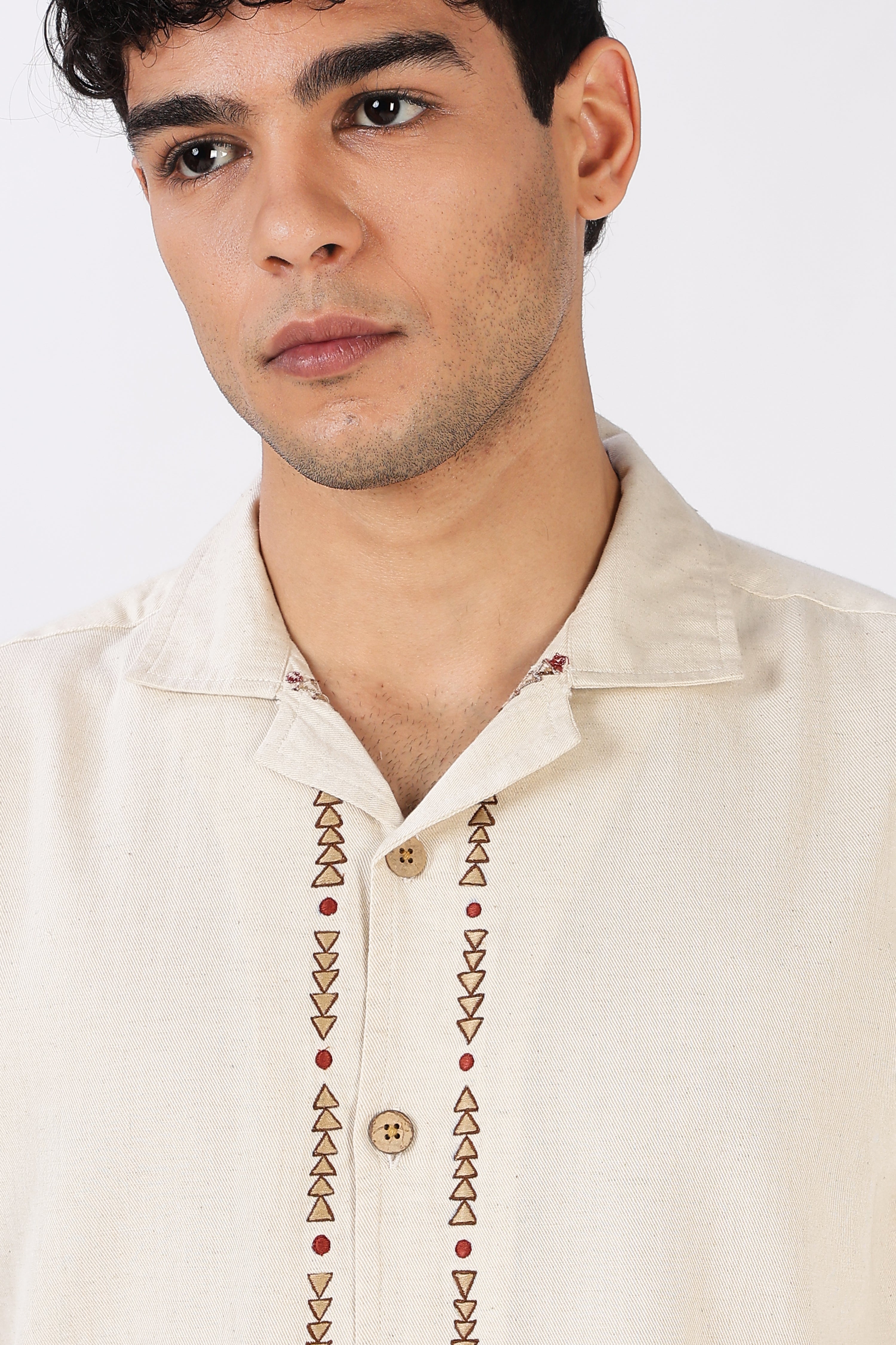 Palm Mirage Cotton Box Fit Beige Embroidered Shirt